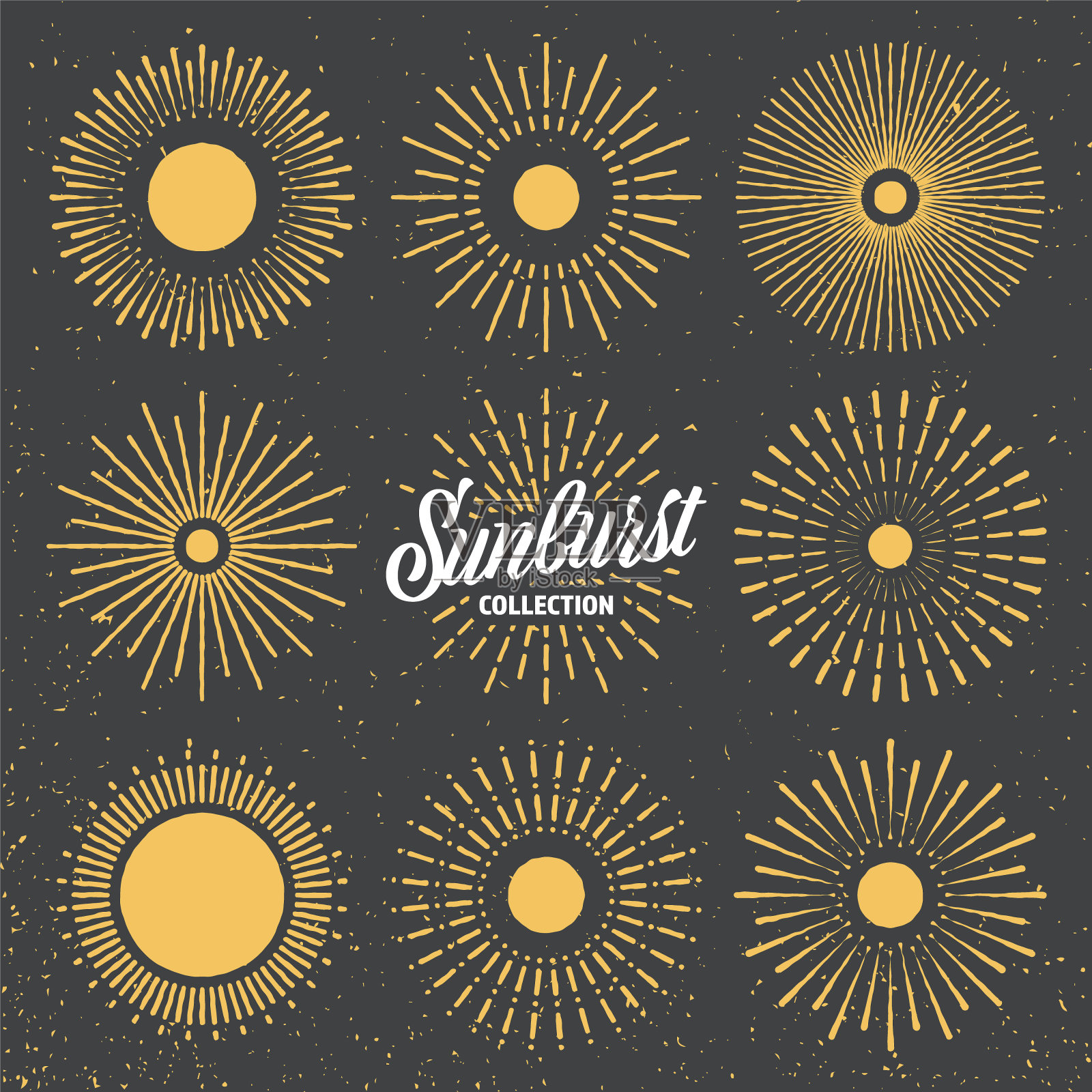 复古垃圾摇滚，夕阳余晖。手绘出阵阵阳光，光芒四射。复古风格的标志或字体设计元素。矢量图插画图片素材