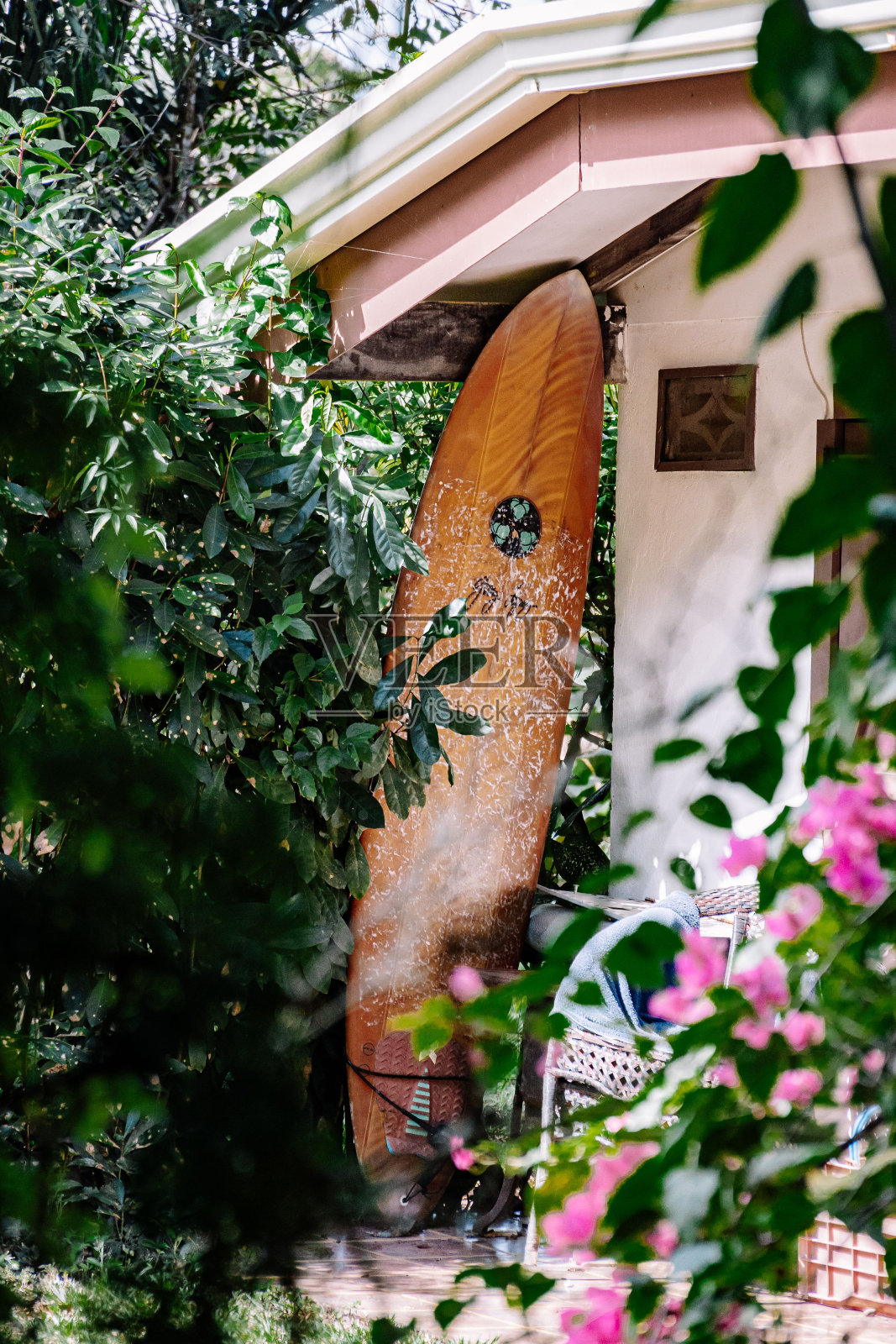 一块冲浪板靠在房子旁边，旁边有一些粉红色的花照片摄影图片