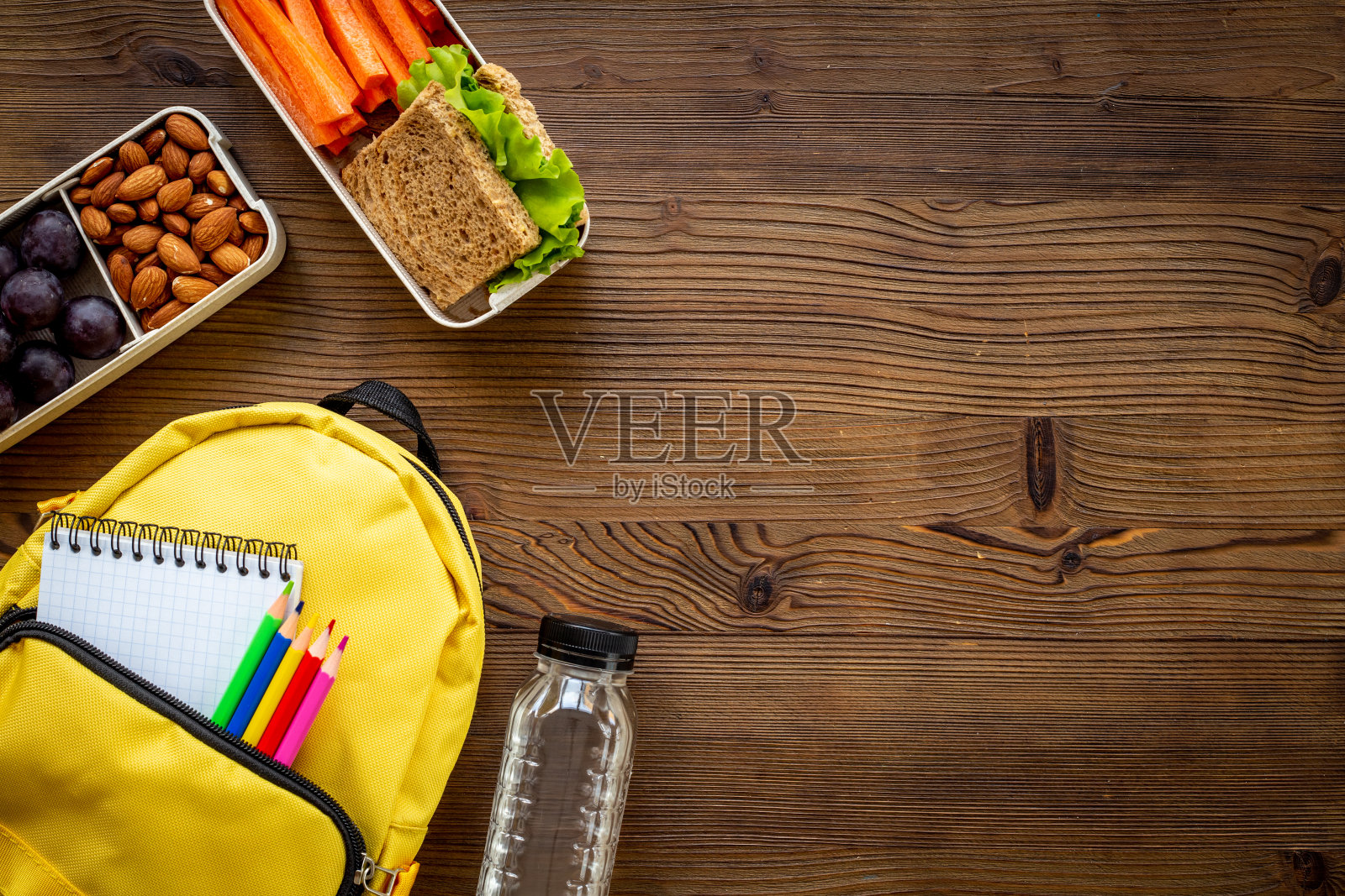 健康学校午餐盒装水果和背包，俯视图照片摄影图片