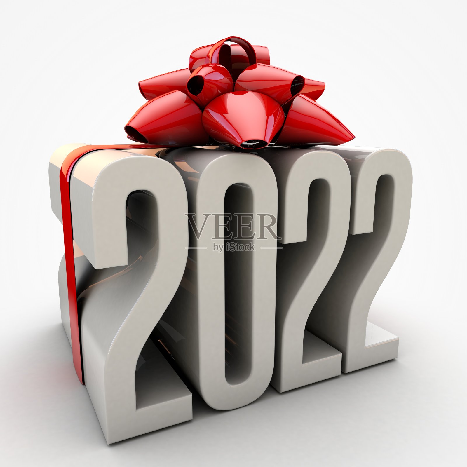 用红丝带和蝴蝶结包裹的数字2022的3D插图照片摄影图片