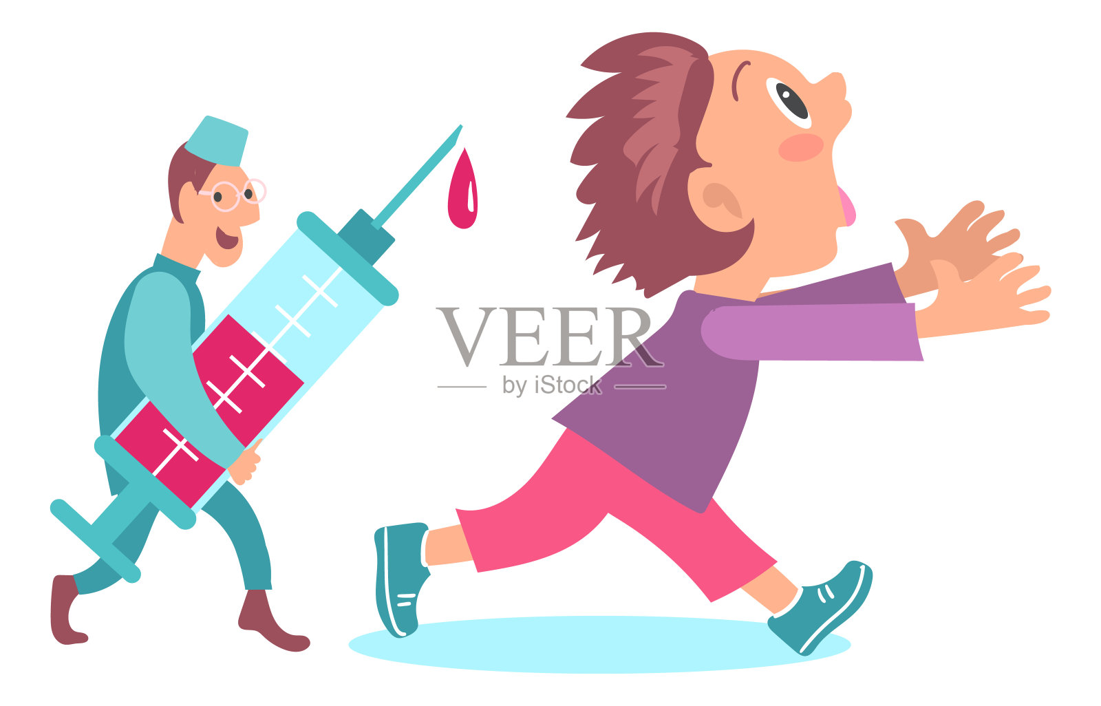 孩子们的恐惧。受惊吓的男孩逃离医生。医生拿着注射器。儿童恐惧症。惊慌失措的少年从医务人员身边跑开。疫苗接种的恐怖。向量的概念插画图片素材