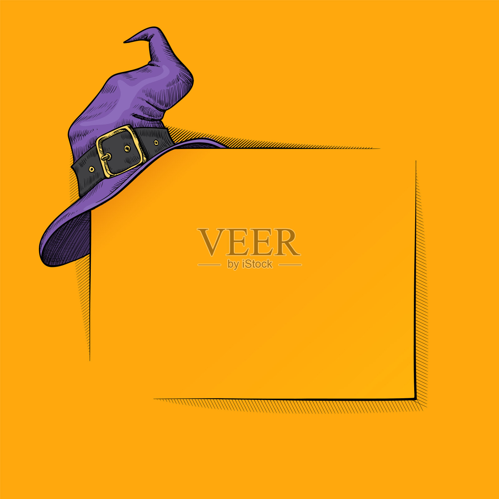 万圣节快乐海报背景。画框上有橙色背景的女巫帽。矢量邀请模板。插画图片素材