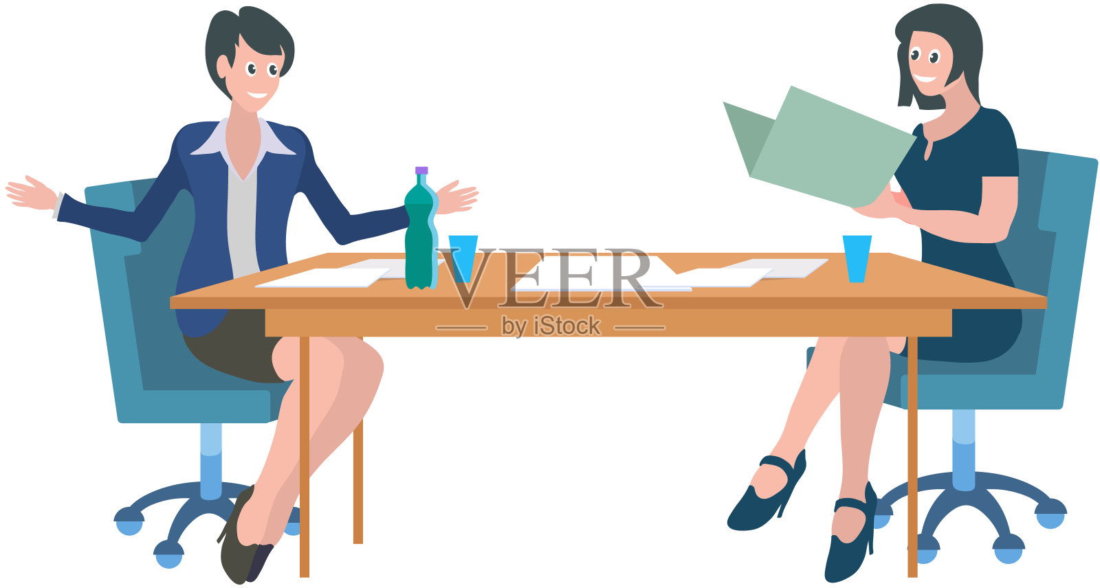 女人坐在桌边交流。同事们花时间在一起，员工们讨论工作问题插画图片素材