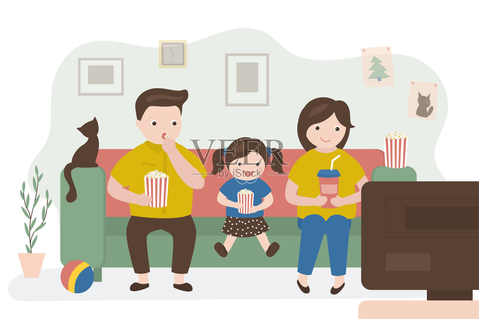一家人坐在客厅的沙发上看电视。周末时间。父母和女儿一起吃爆米花和饮料。娱乐，快乐的人们看他们最喜欢的电影或电视剧。插画图片素材