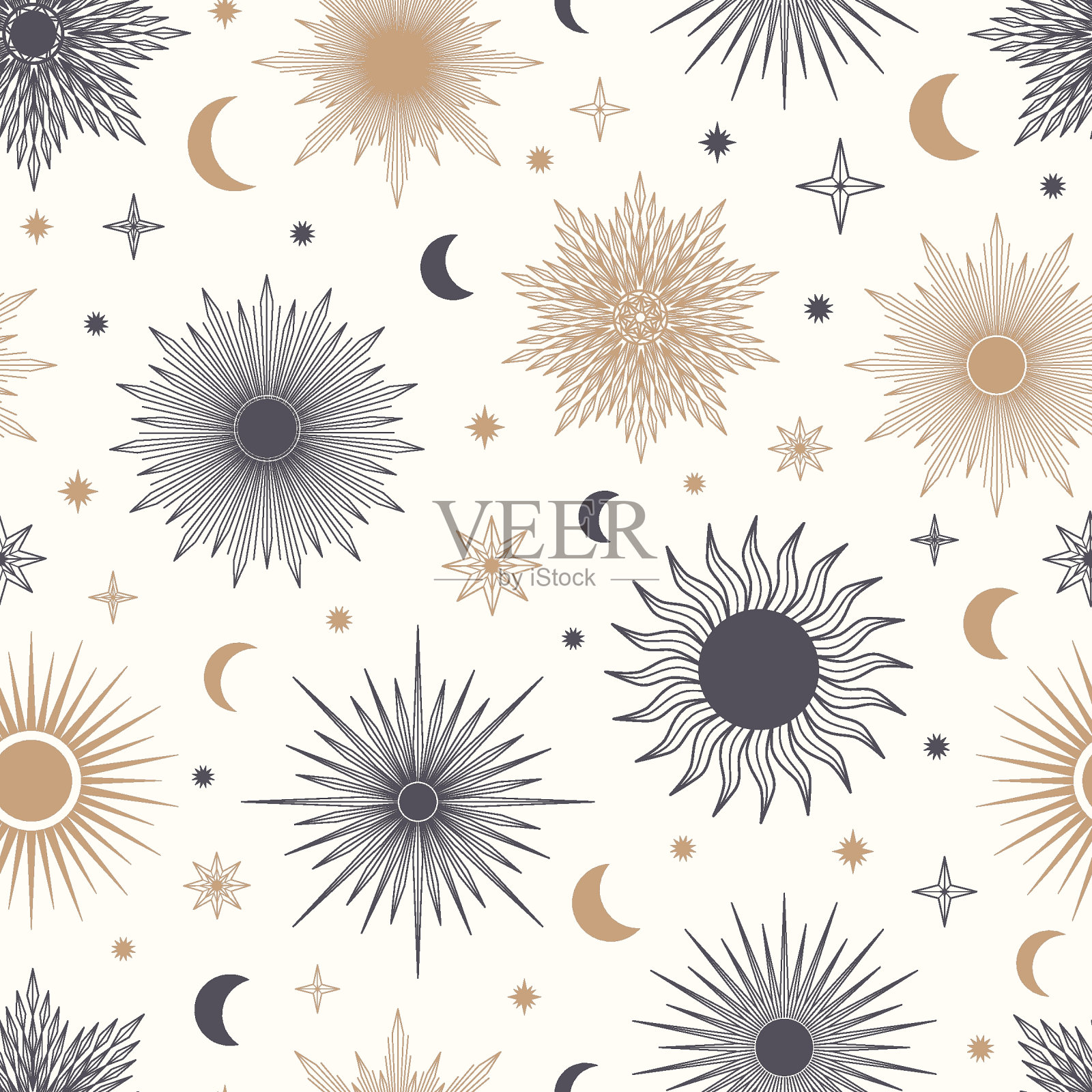 手绘无缝图案的太阳，月亮，太阳爆发，星星。神秘的天体爆发太阳射线矢量。神奇的空间星系素描插图贺卡，壁纸，包装纸，织物插画图片素材