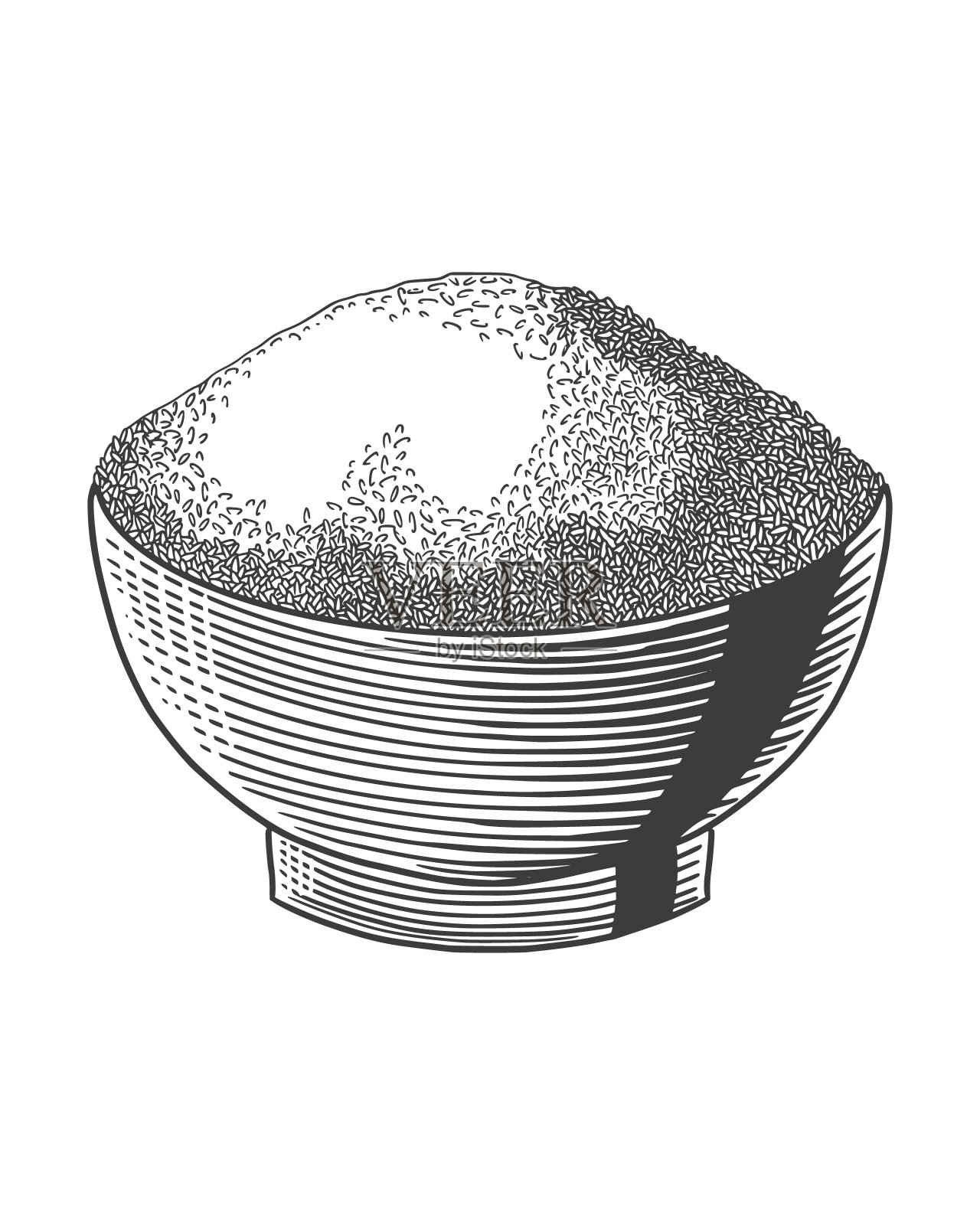 木碗配米，手绘复古雕刻插画插画图片素材