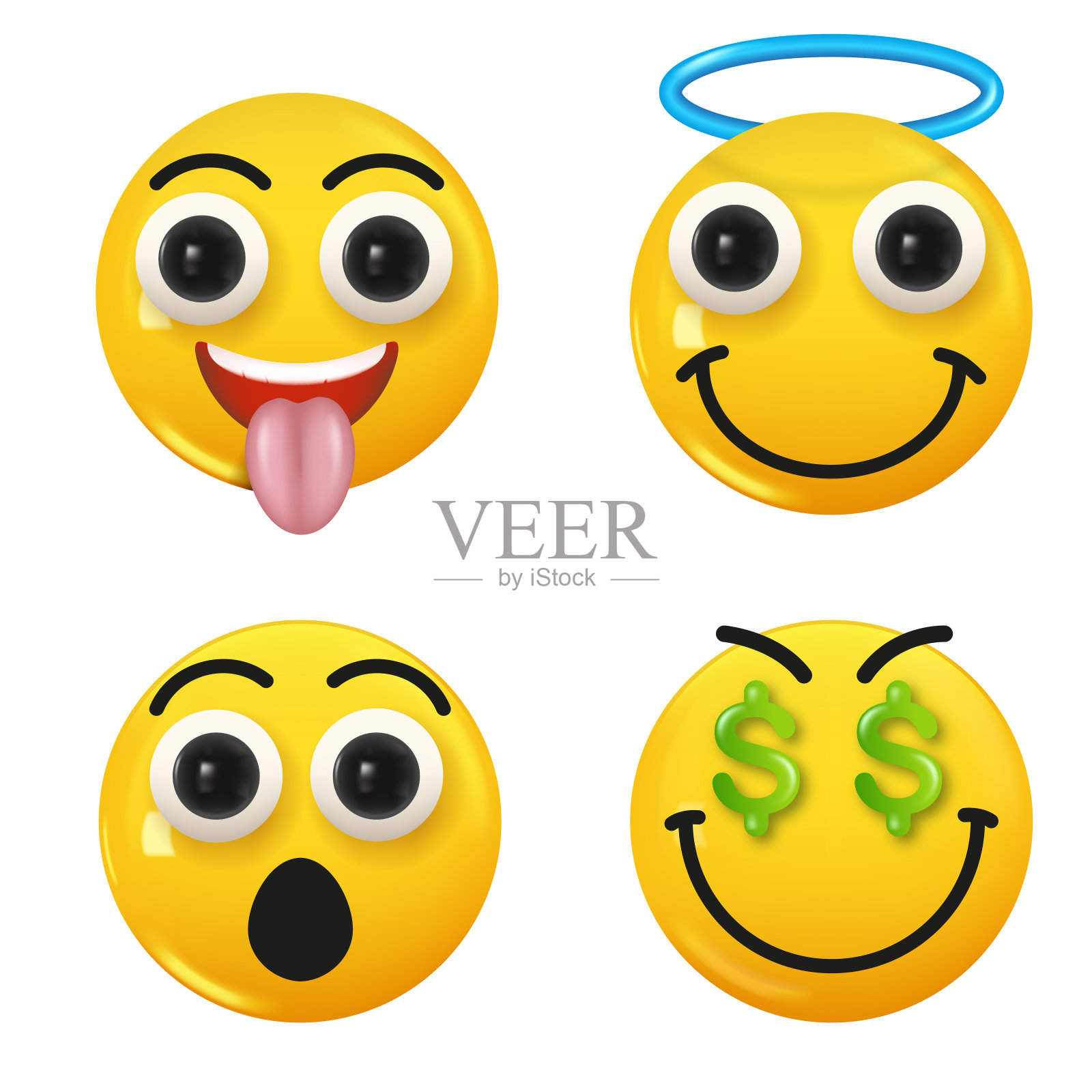 一套3d图标黄色微笑表情符号。设置图标微笑表情。向量插画图片素材