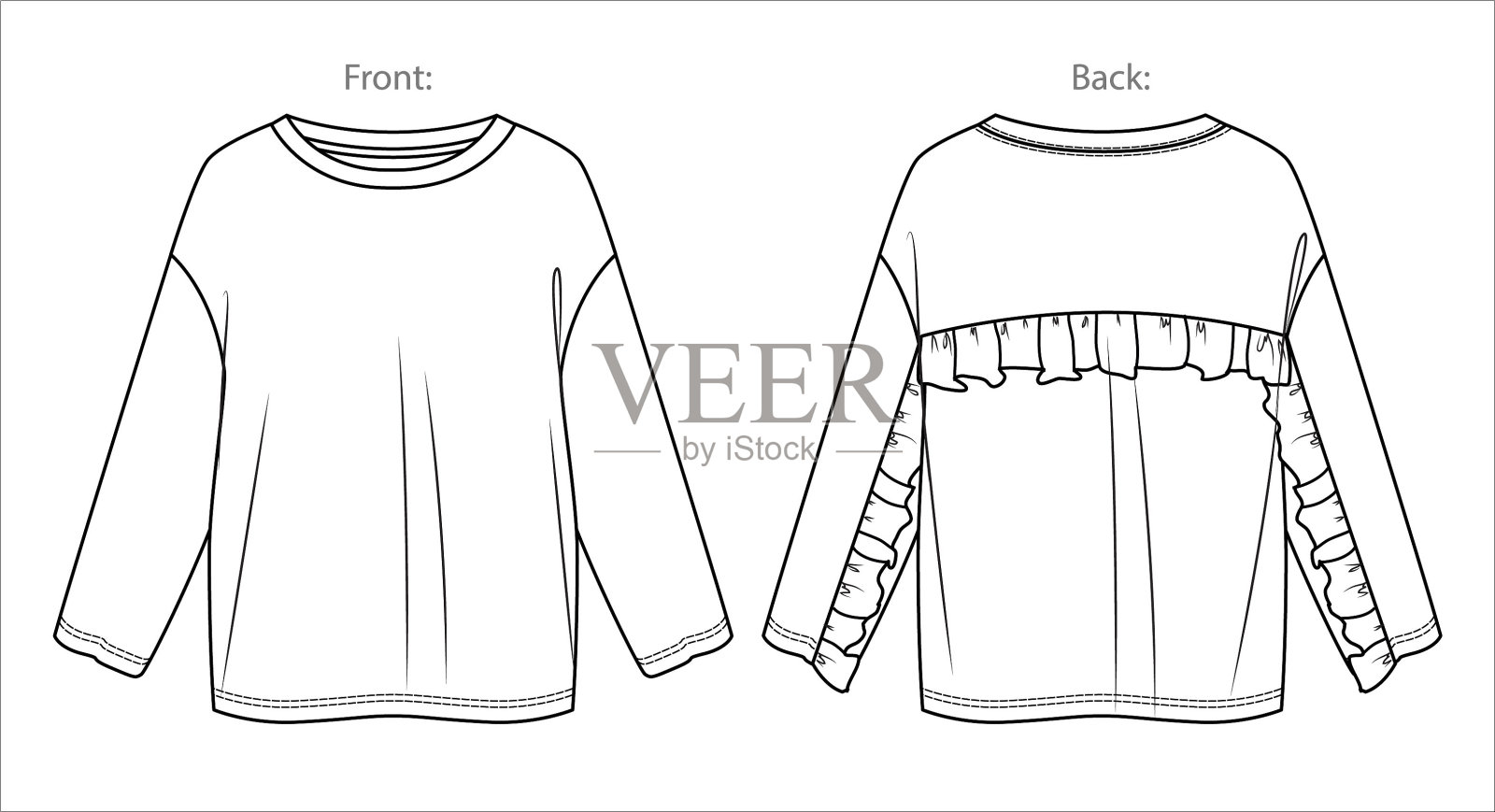 长袖宽松女式圆领褶边细节卫衣时装CAD技术图，正面和背面视图样机矢量图（白色）插画图片素材