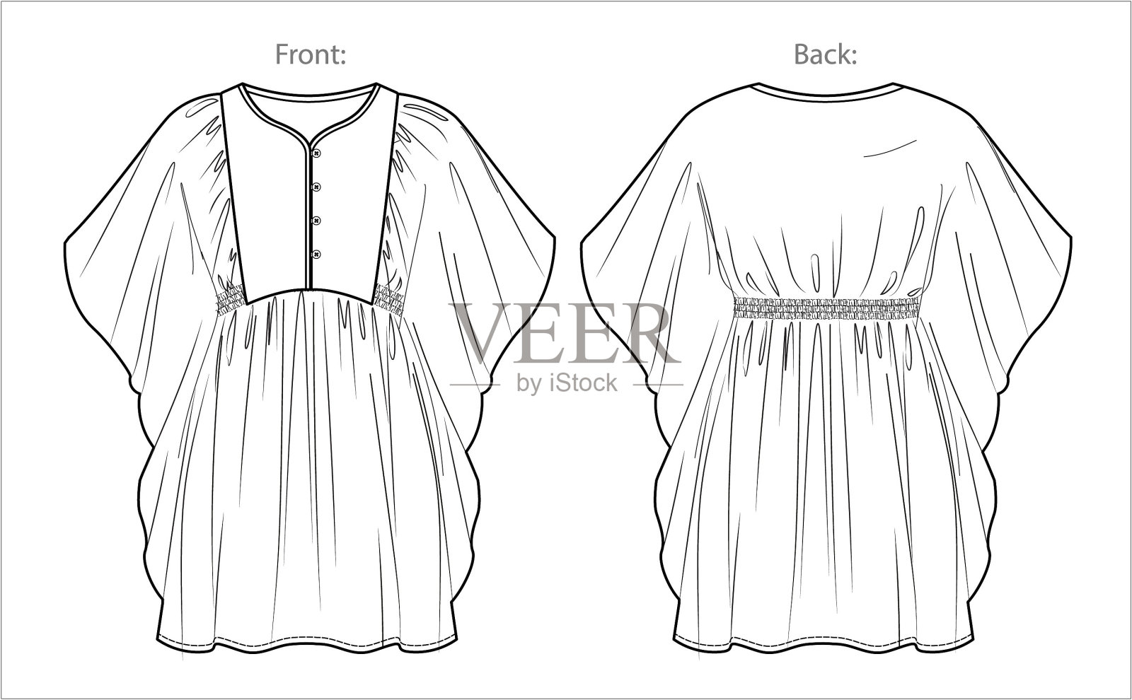 矢量短袖圆领迷你裙技术图纸，带褶边的女式长衫裙细节时尚CAD，草图，模板，平面。针织或机织物连衣裙，正面，背面，白色插画图片素材