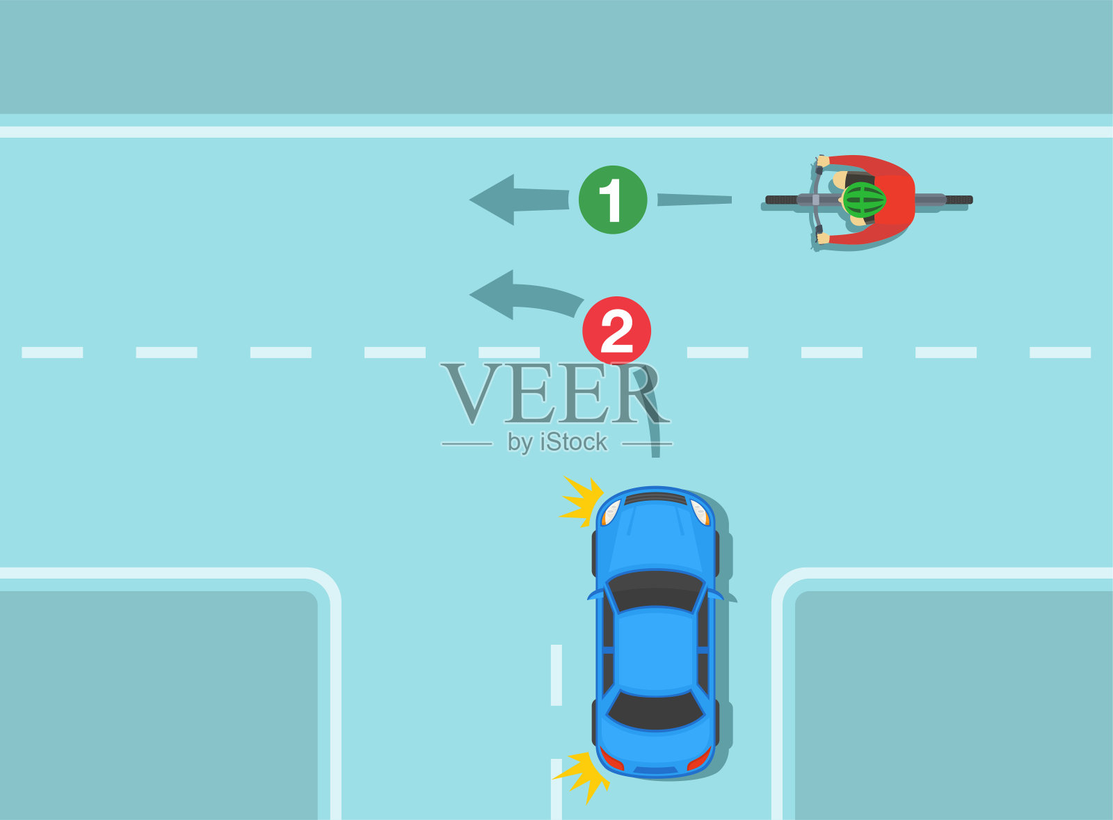 交通规则和提示。安全驾驶自行车和汽车。在连续的道路上，当进入道路时，给骑自行车的人让路。插画图片素材