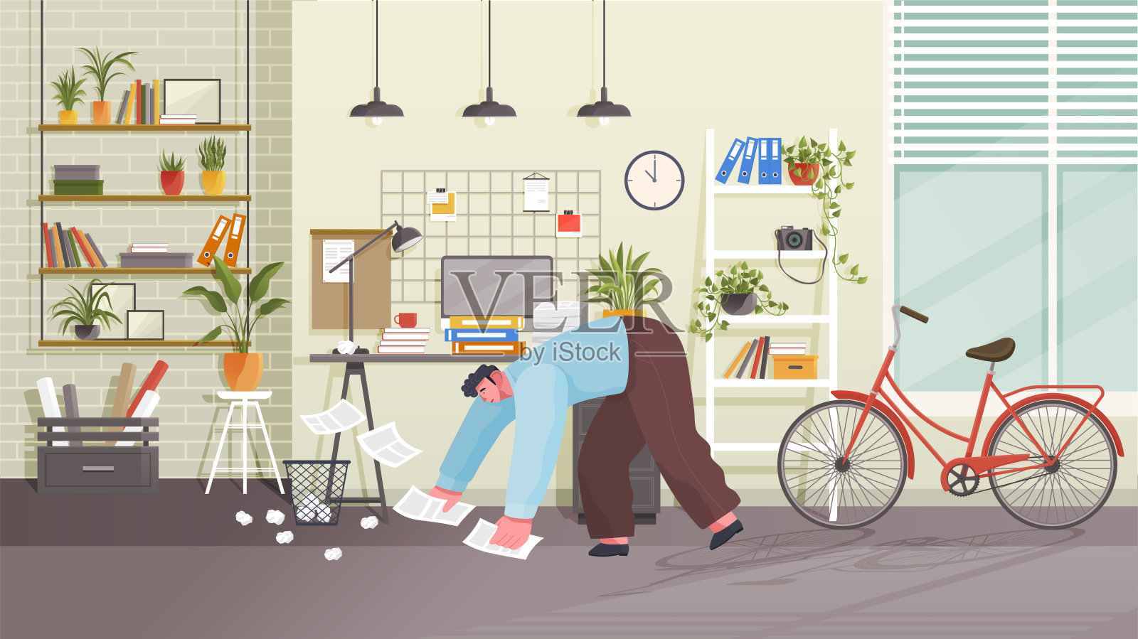 混乱和混乱。压力大的办公室男职员掉了文件。家庭办公室里疲惫、困惑的员工插画图片素材