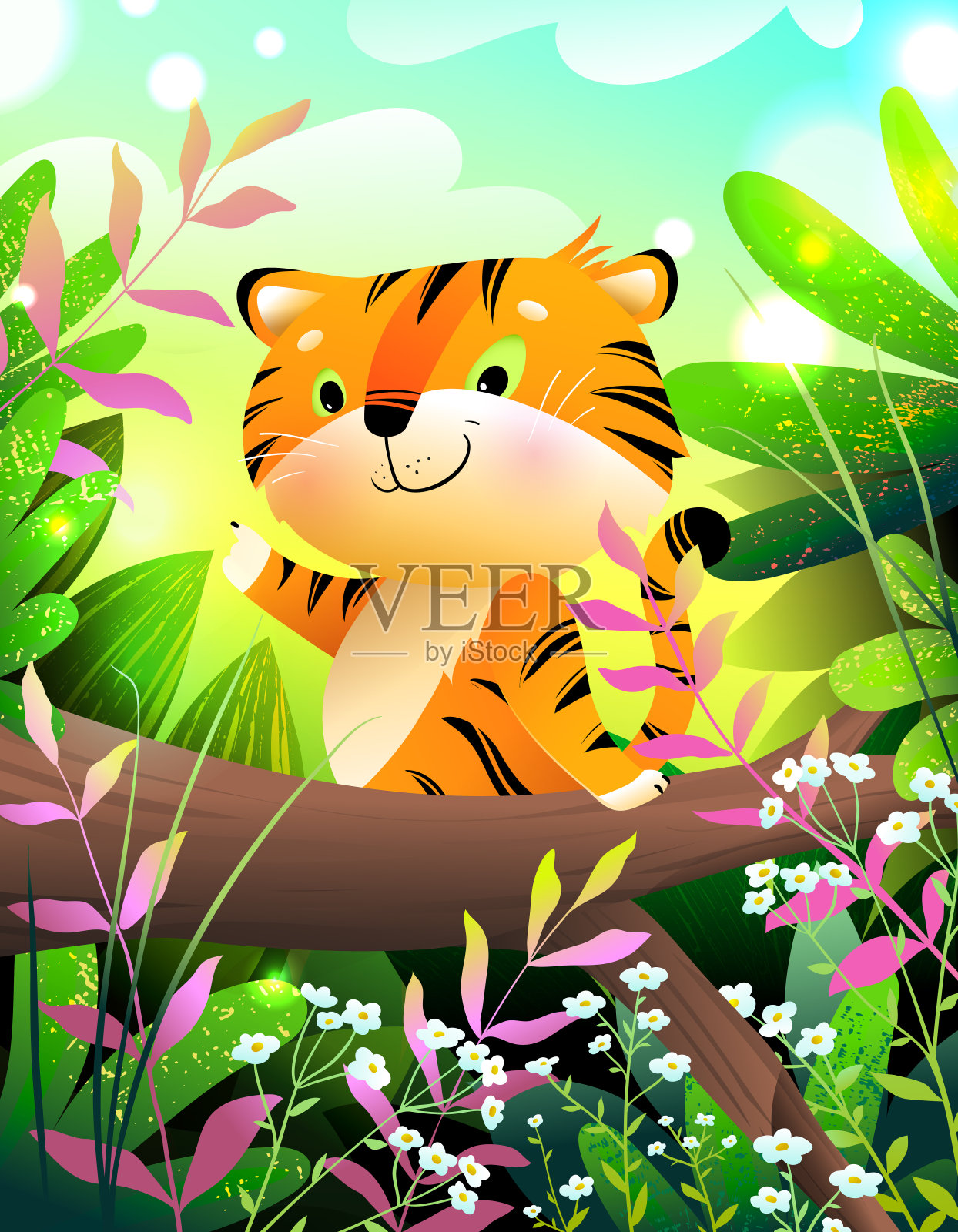 可爱的老虎在大自然夏季森林贺卡插画图片素材