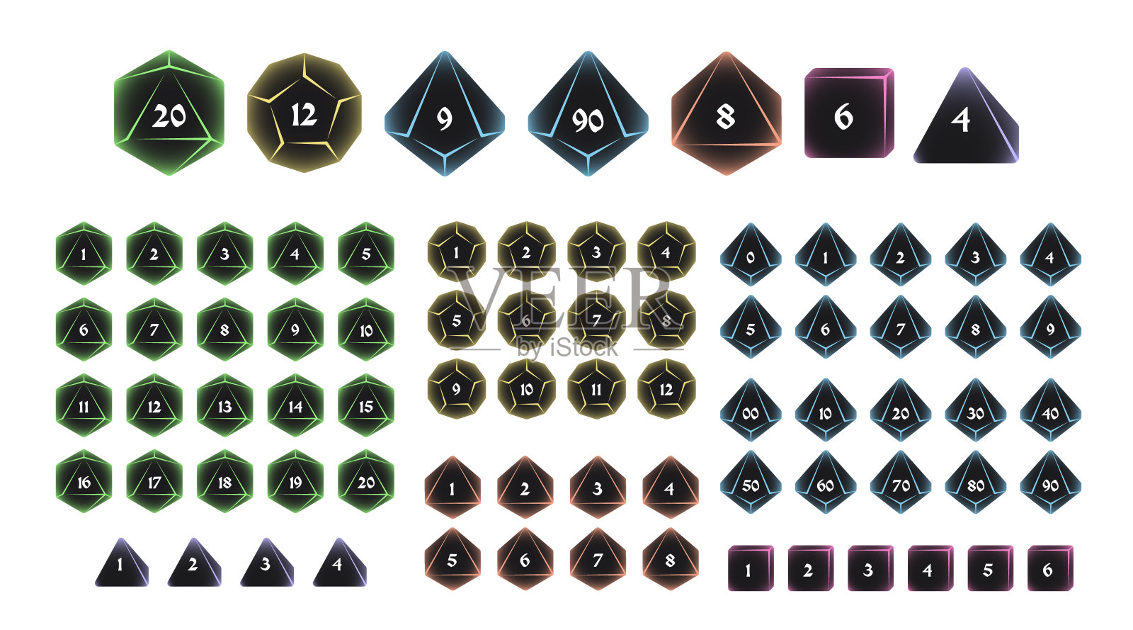 D4、D6、D8、D10、D12和D20数字桌游的骰子图标插画图片素材