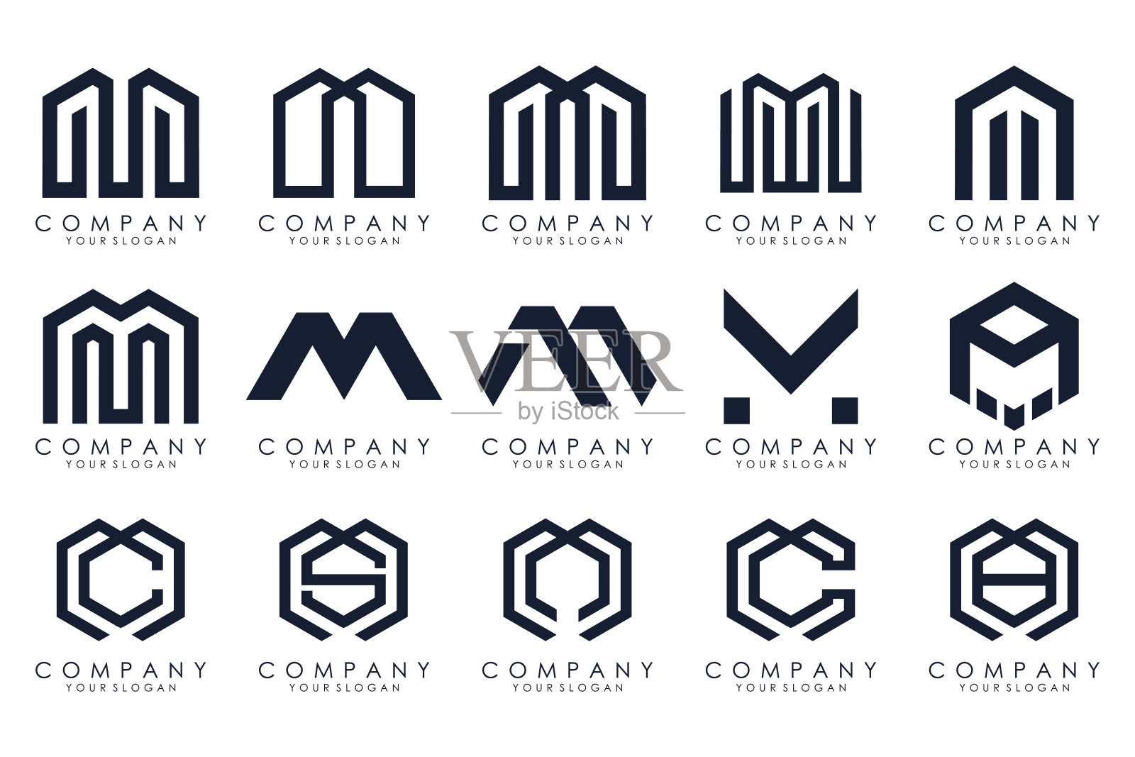 一组字母M标志设计向量。收集现代M字母设计在黑色。插画图片素材