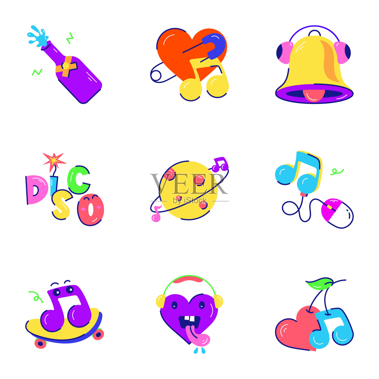 一套彩色有趣的平面贴纸插画图片素材