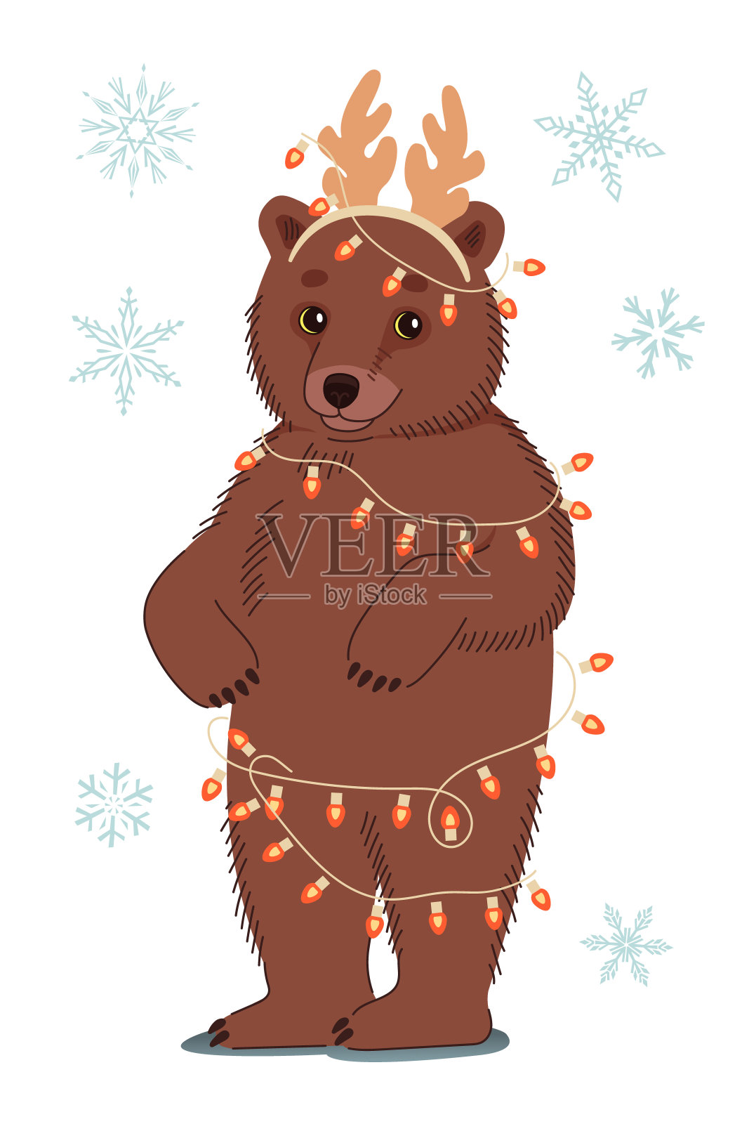 可爱的棕熊带着圣诞花环和鹿角。冬季矢量插图在白色的背景。插画图片素材