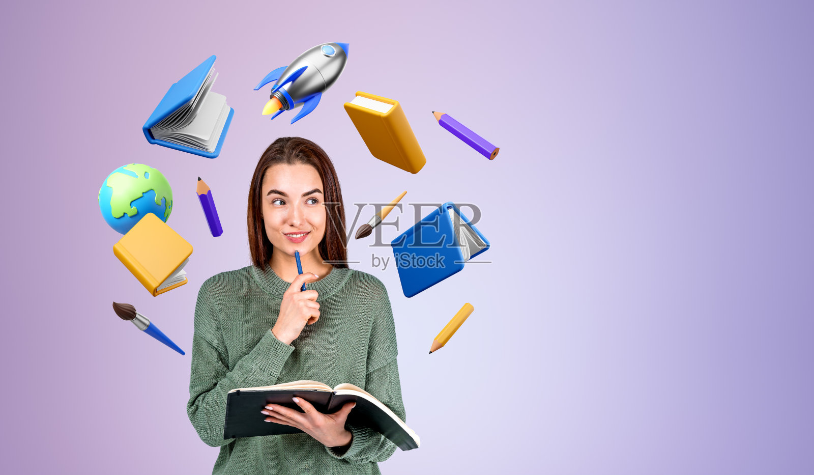 沉思和微笑的女人与笔记本，教育图标在紫色的背景照片摄影图片