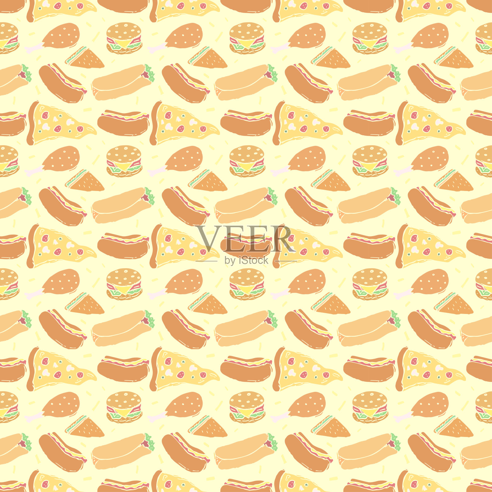 无缝快餐模式。快餐背景。涂鸦快餐图标。绘制的食物图案插画图片素材