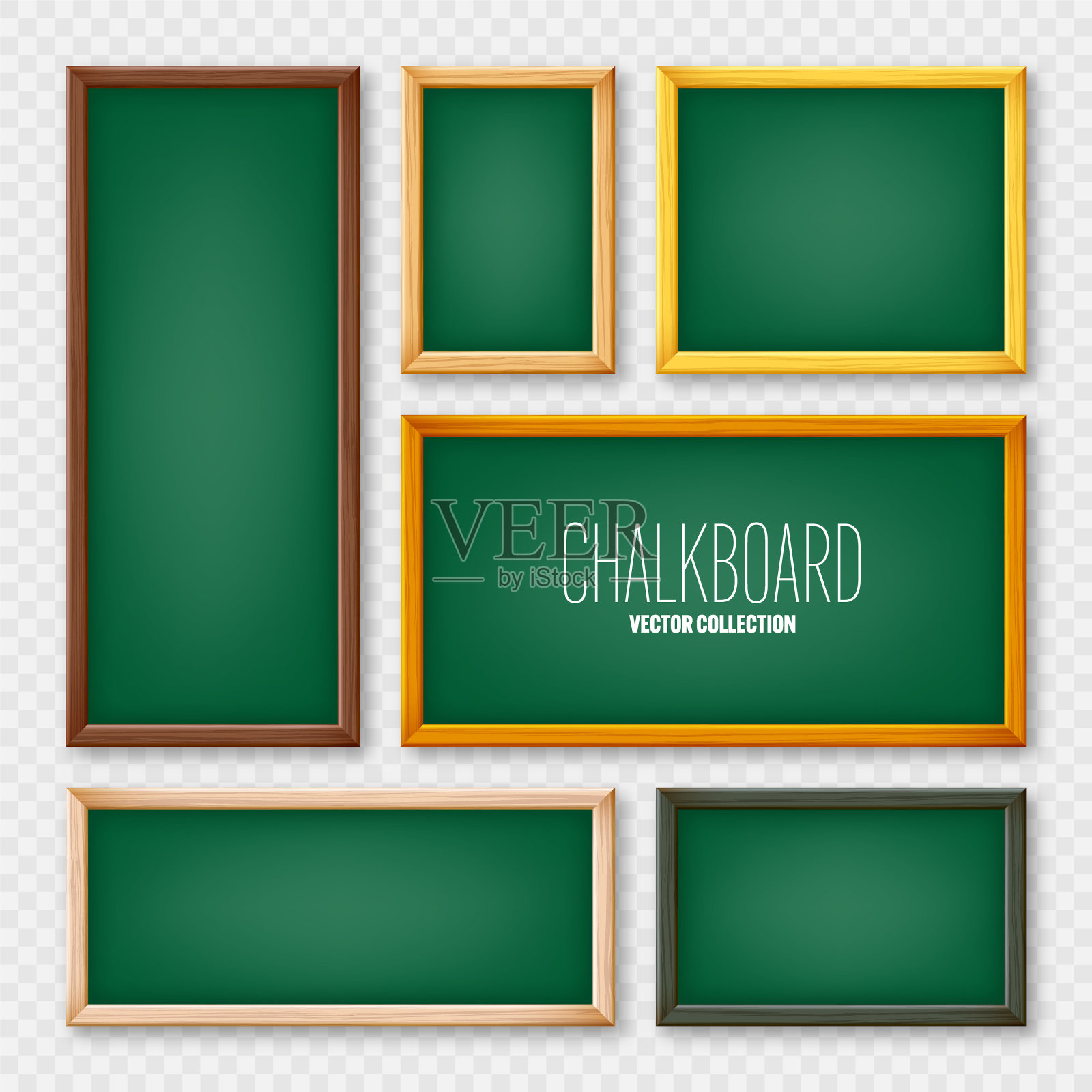 现实的各种黑板在一个木制框架。绿色餐厅菜单板。学校黑板，书写面，用于文字或绘图。空白的广告或展示板矢量图插画图片素材