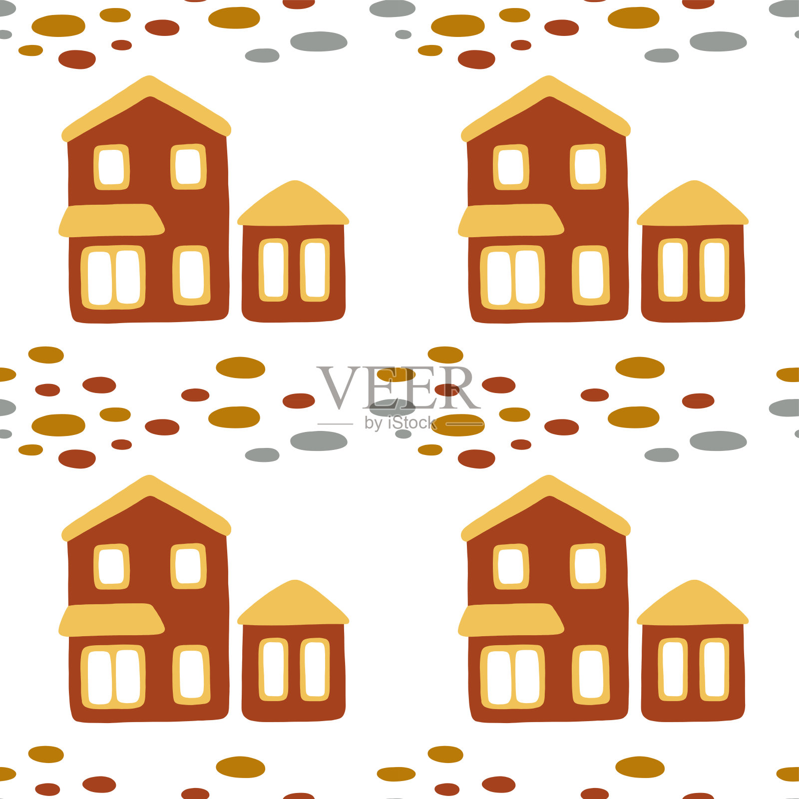 矢量无缝图案与卡通房子和石头插画图片素材