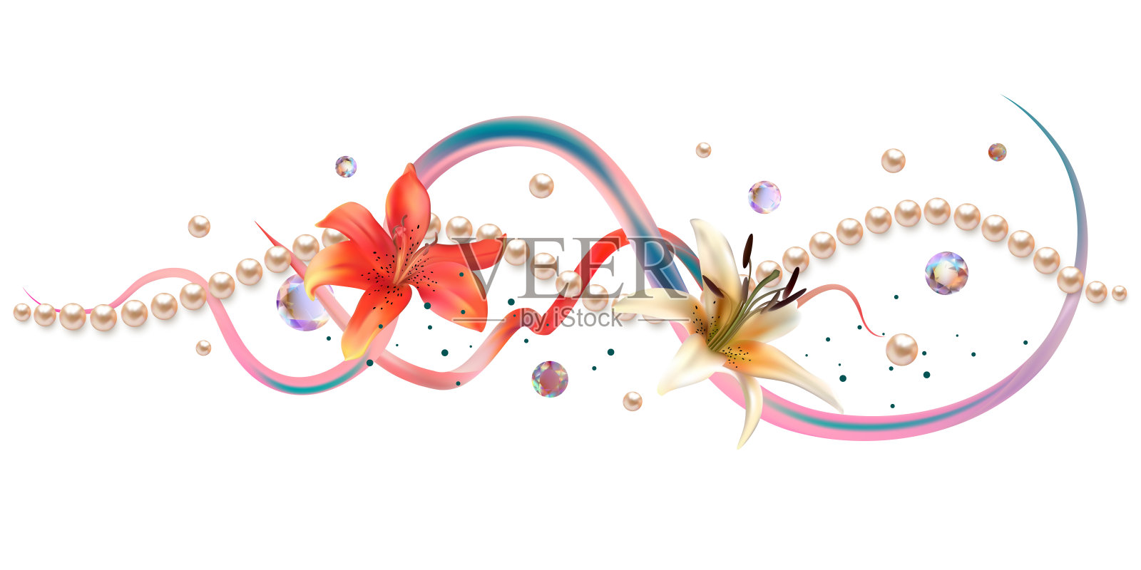 花。花的背景。珍珠。百合花。向量。抽象的曲线。3 d。花朵和珍珠的艺术插图。插画图片素材