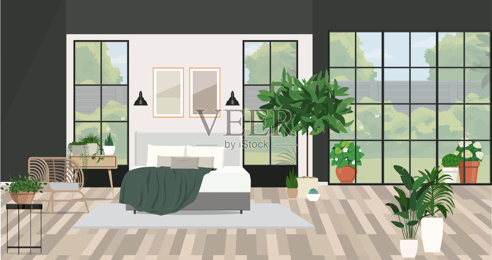 背景是一座现代的房子，有一间舒适的绿色卧室插画图片素材