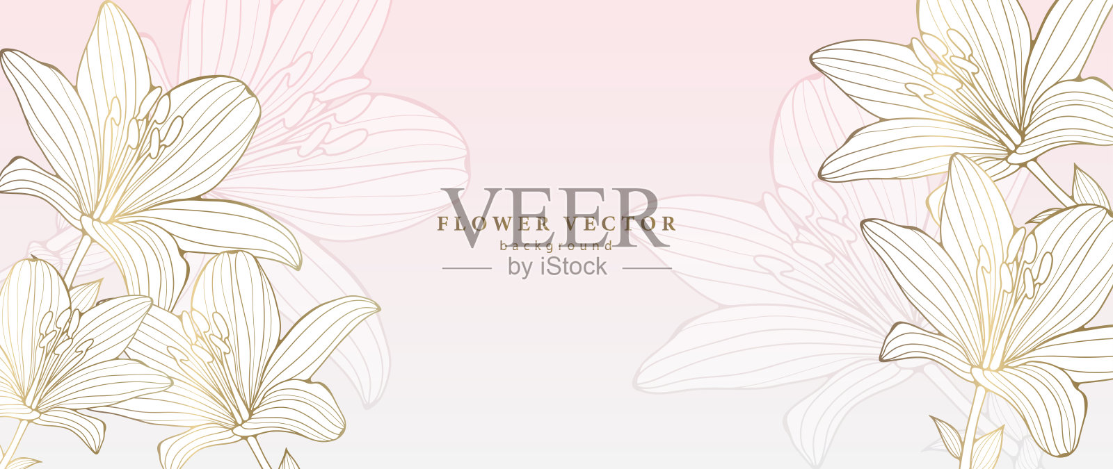 淡花抽象背景与金色百合。背景装饰，封面，明信片，名片，社交媒体帖子，壁纸。花框架的照片或文字插画图片素材