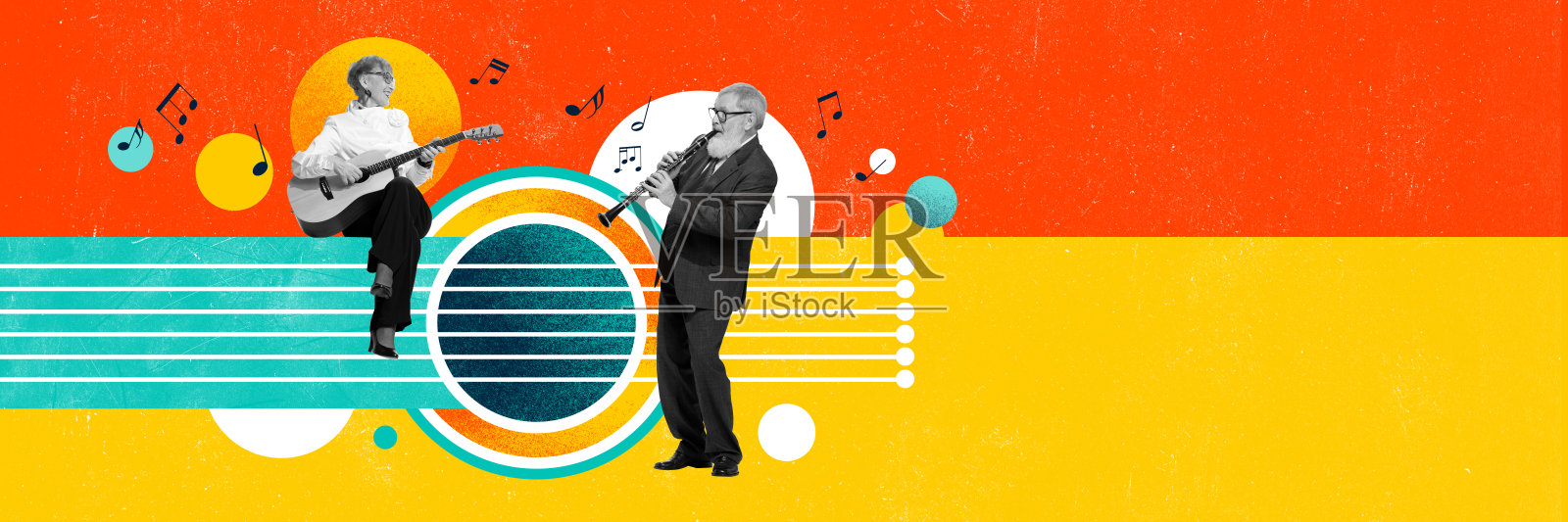 年长的男人和女人在色彩斑斓的背景下演奏乐器。当代艺术拼贴。照片摄影图片