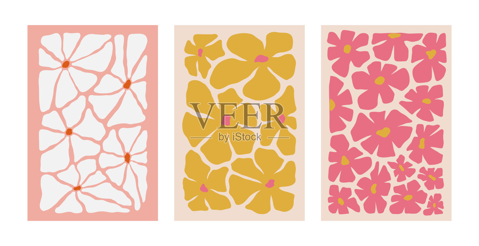 现代花卉海报。印刷集与鲜花。室内抽象画。五颜六色的封面艺术。矢量插图。插画图片素材