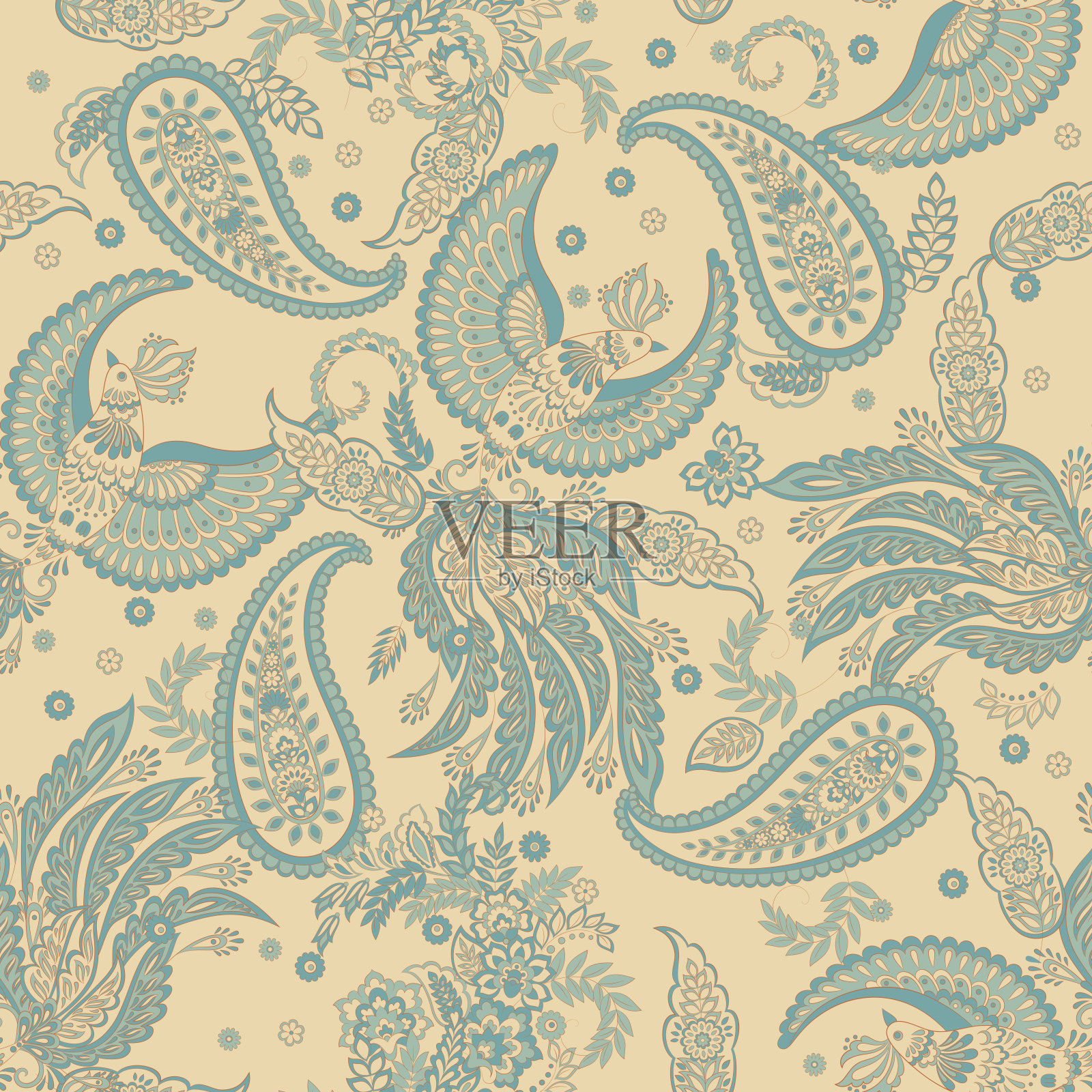 佩斯利矢量无缝图案与飞鸟。锦缎风格复古插图插画图片素材