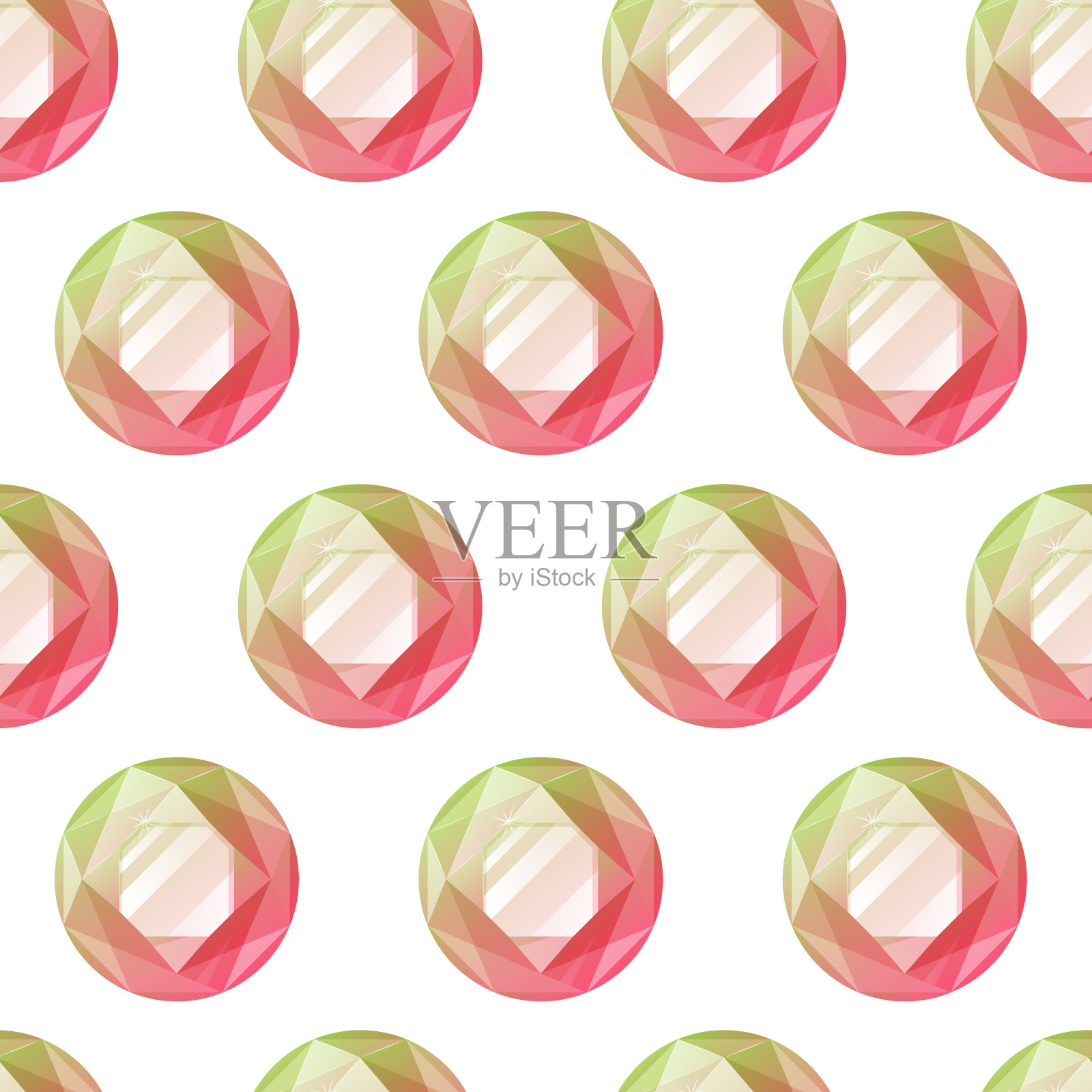 圆红色闪闪发光的现实宝石。矢量无缝图案，卡通珍贵红宝石宝藏。插画图片素材