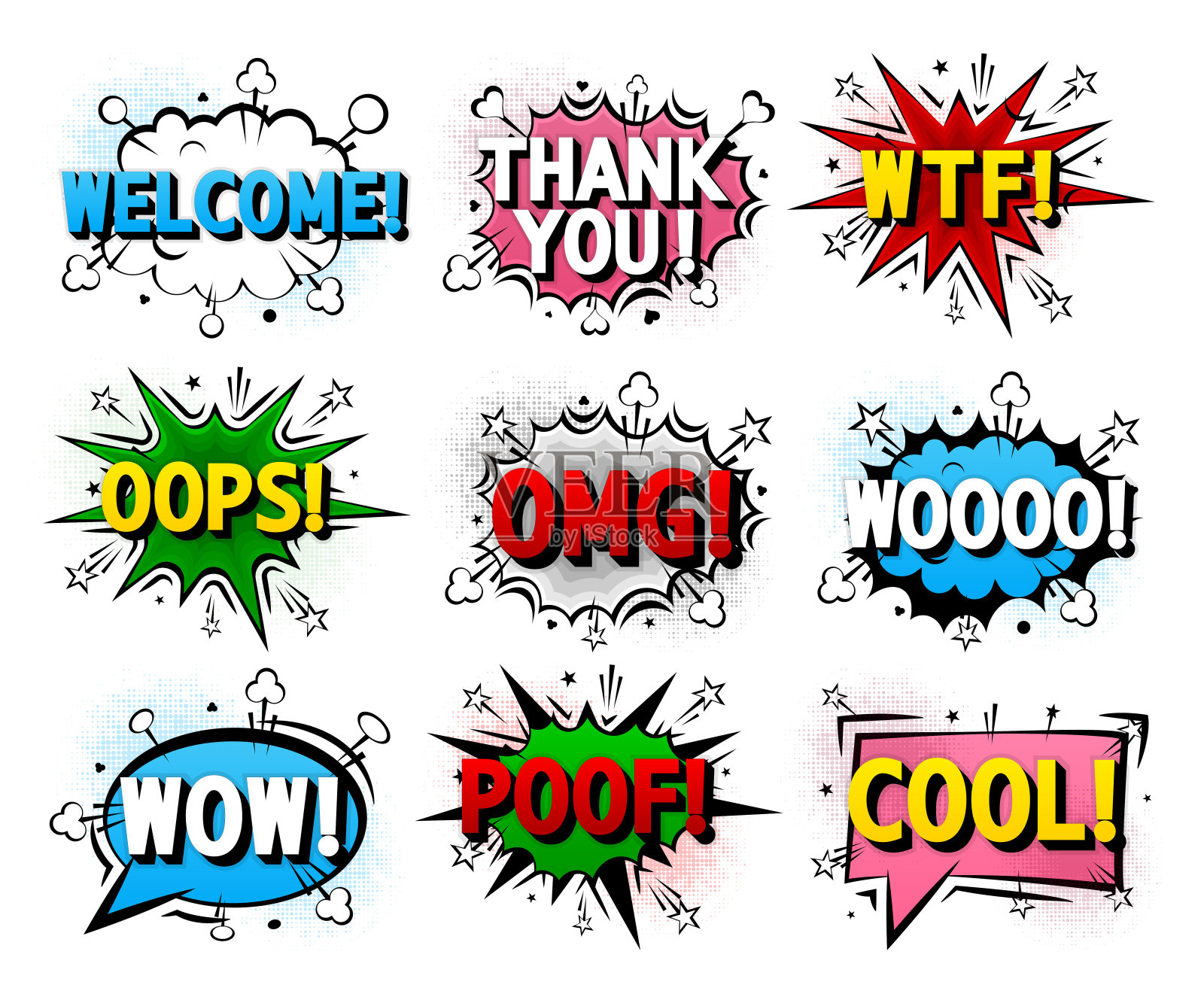 漫画泡沫。卡通爆炸搞笑搞笑演讲云、漫画泡泡、思维泡泡。漫画中的情感泡泡概念。对话图形文本元素。矢量插图。插画图片素材