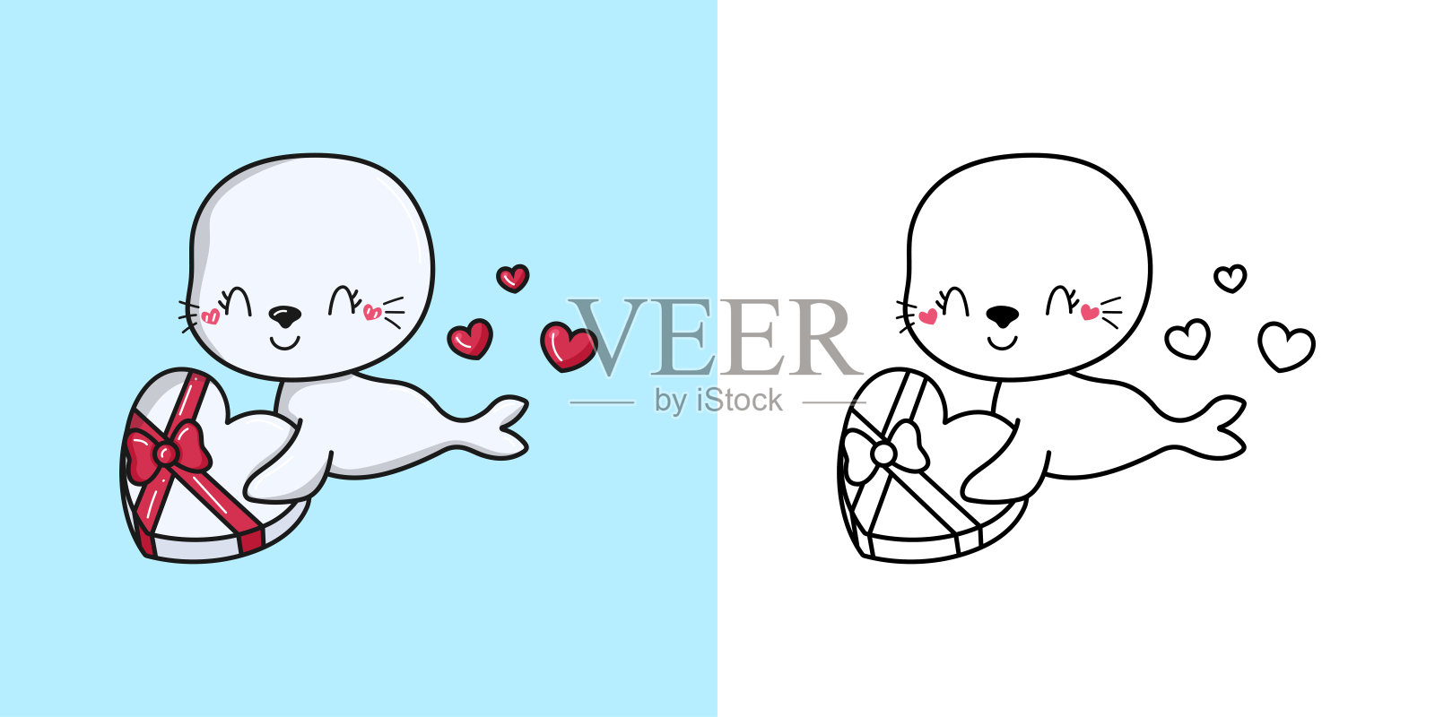 可爱的印章剪贴画着色页和插图。快乐的海洋动物插图。卡哇伊动物的矢量插图贴纸，衣服印刷品，婴儿淋浴，着色页插画图片素材