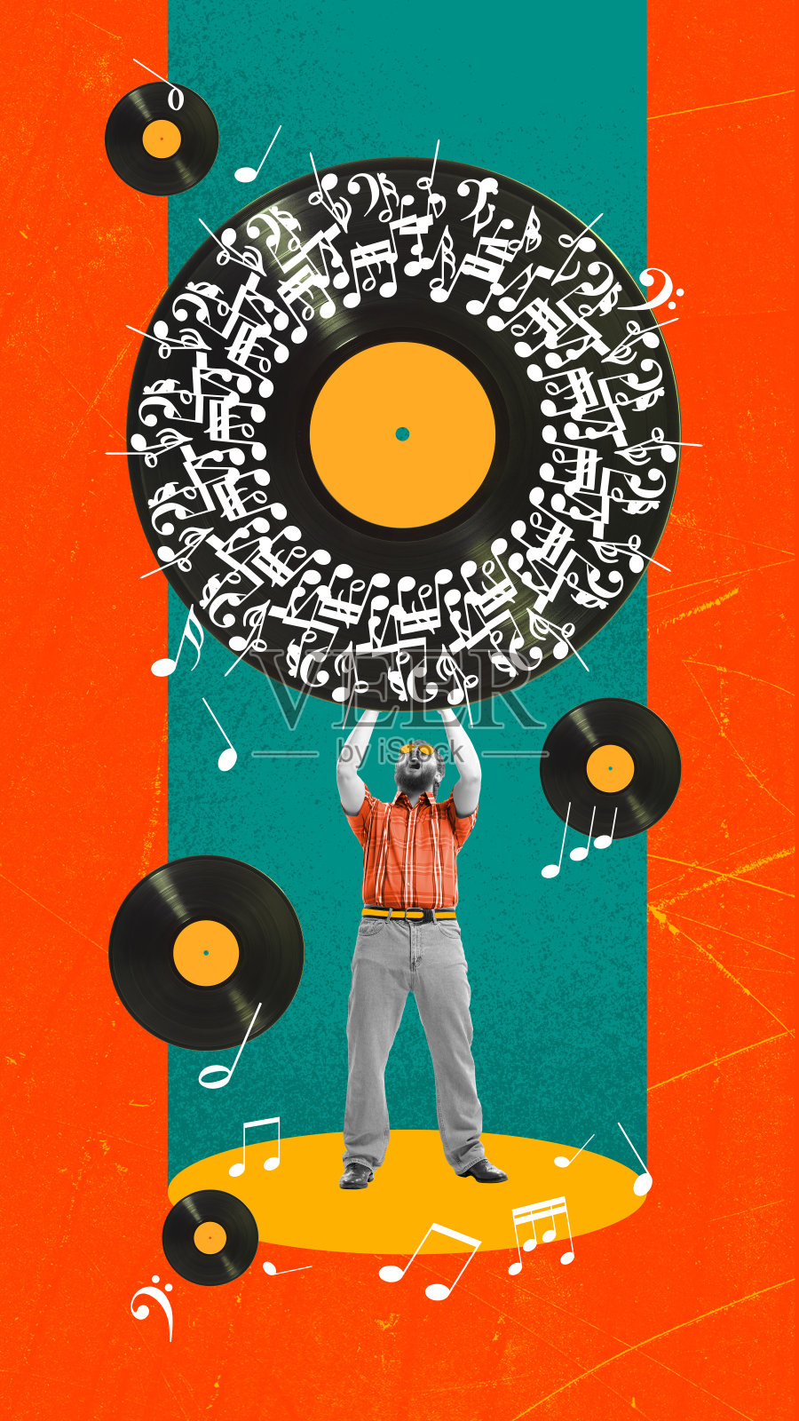 一个人在生动的背景上听着充满活力的音乐。当代艺术拼贴。照片摄影图片