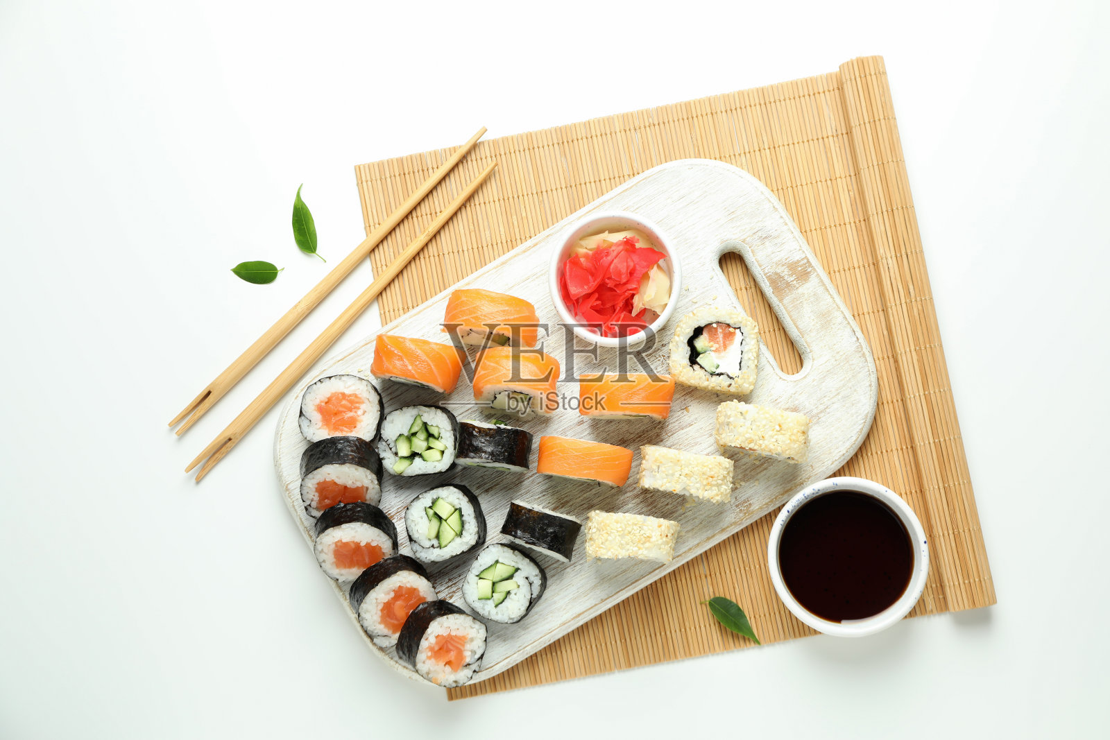 美味食物的概念与寿司，俯视图照片摄影图片