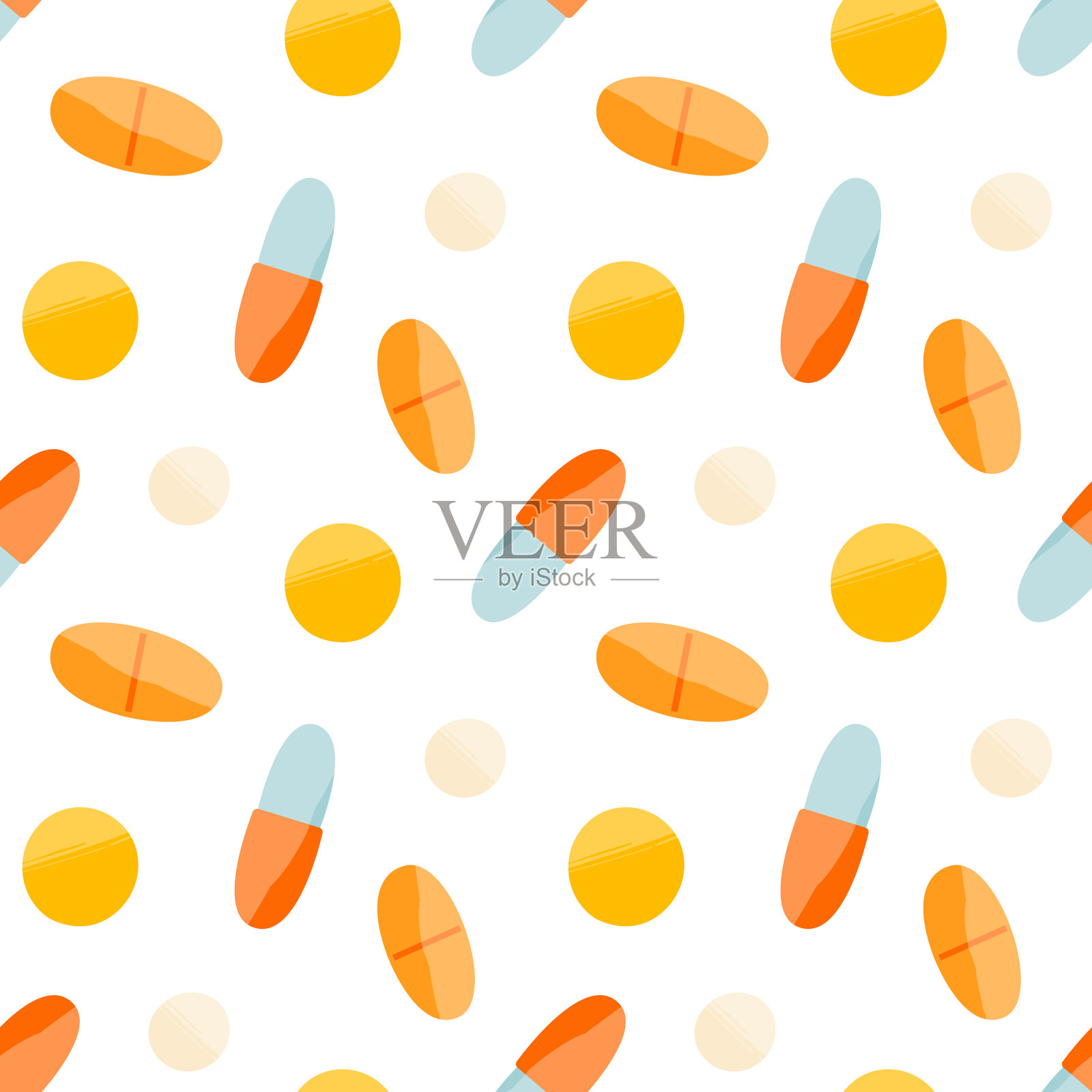 白色背景上的药丸和胶囊无缝图案。插画图片素材