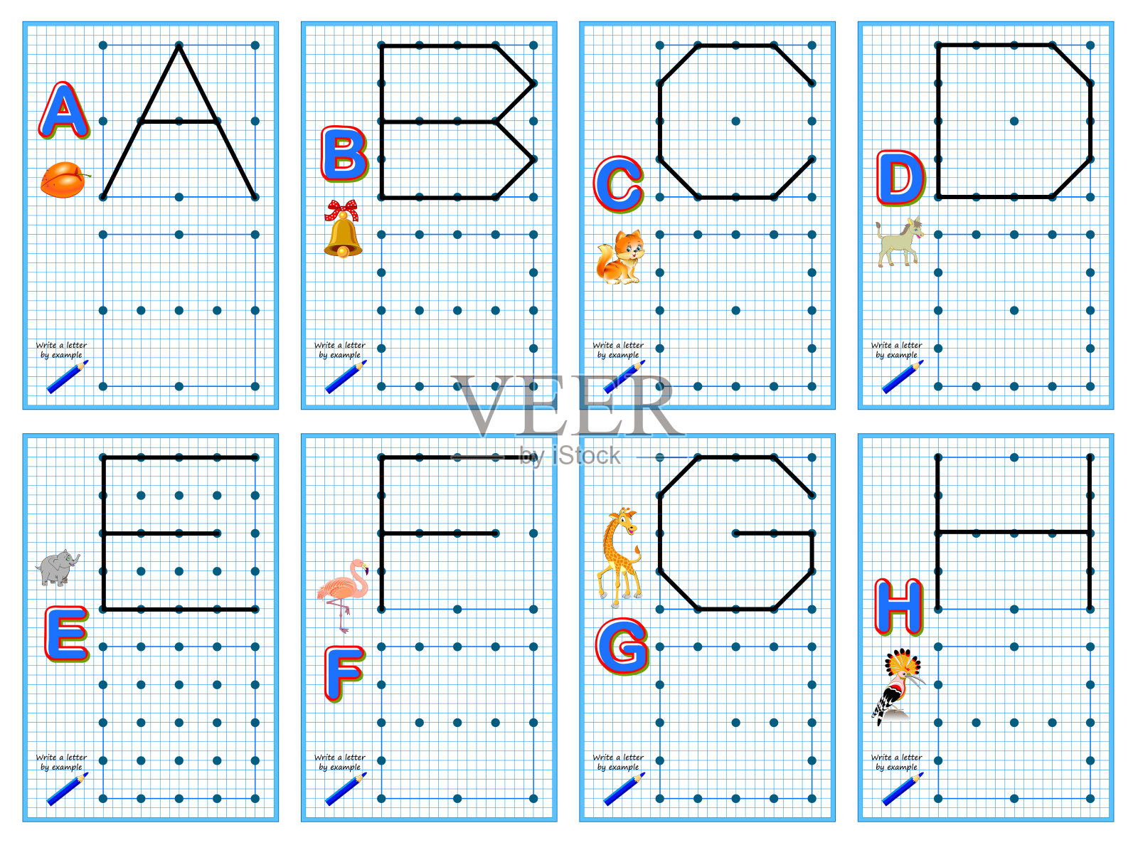 一套方形纸的儿童教育页。把这些点连起来。举例画出字母。培养写作技巧。可打印的儿童工作表，学校教科书。智商测试。插画图片素材