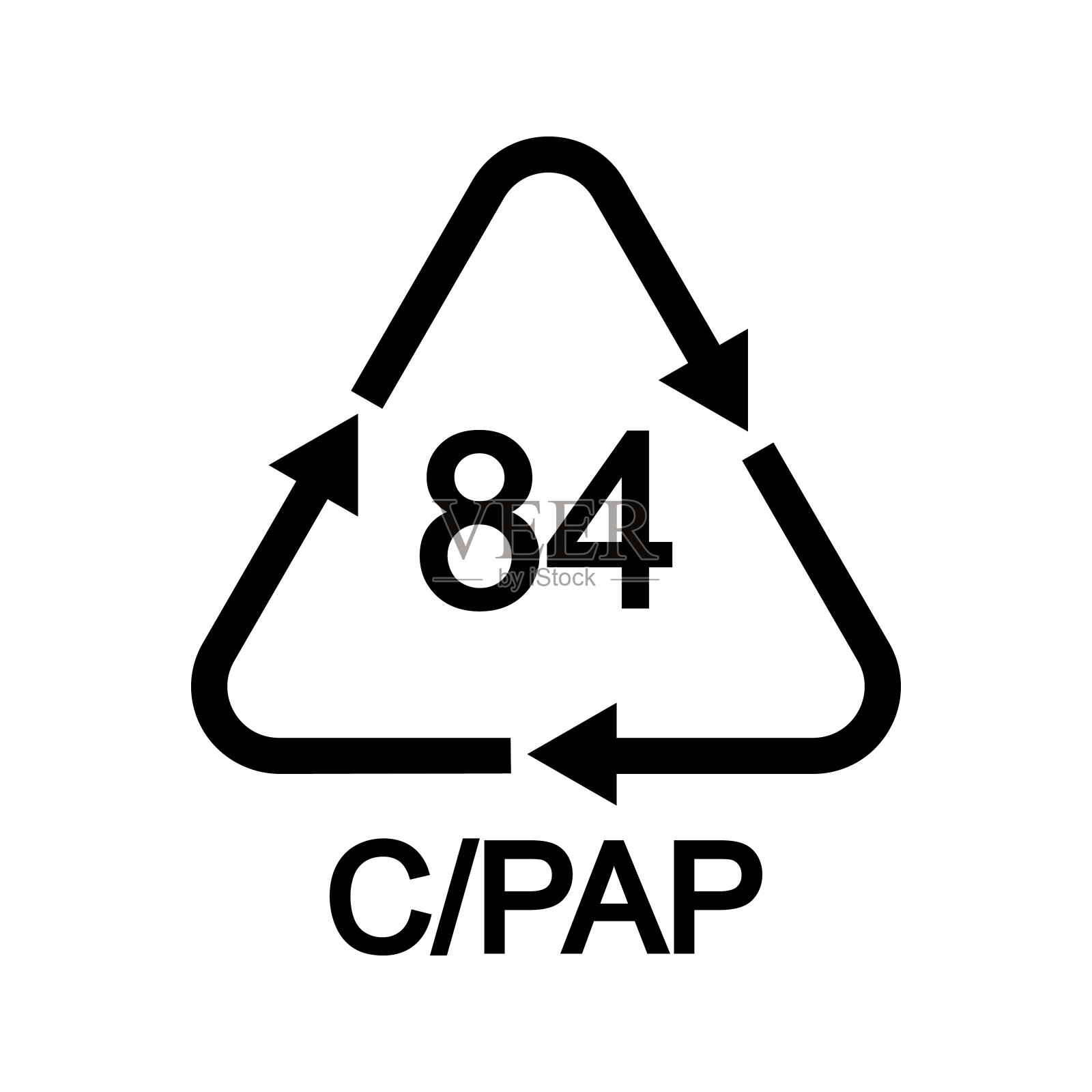 由纸、纸板、塑料或铝制成的三角形箭头回收标志。84cpap可重复使用的图标隔离在白色背景插画图片素材
