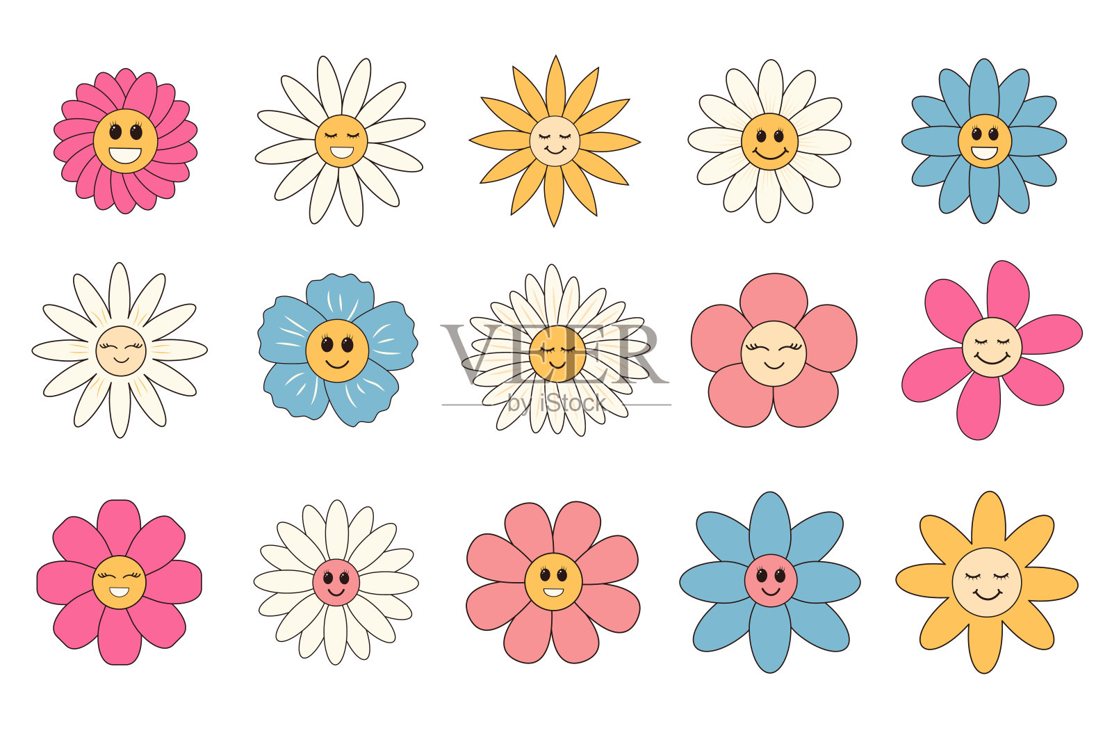 绝妙的卡通花套装。可爱的复古嬉皮士雏菊角色。线性颜色矢量插图。插画图片素材