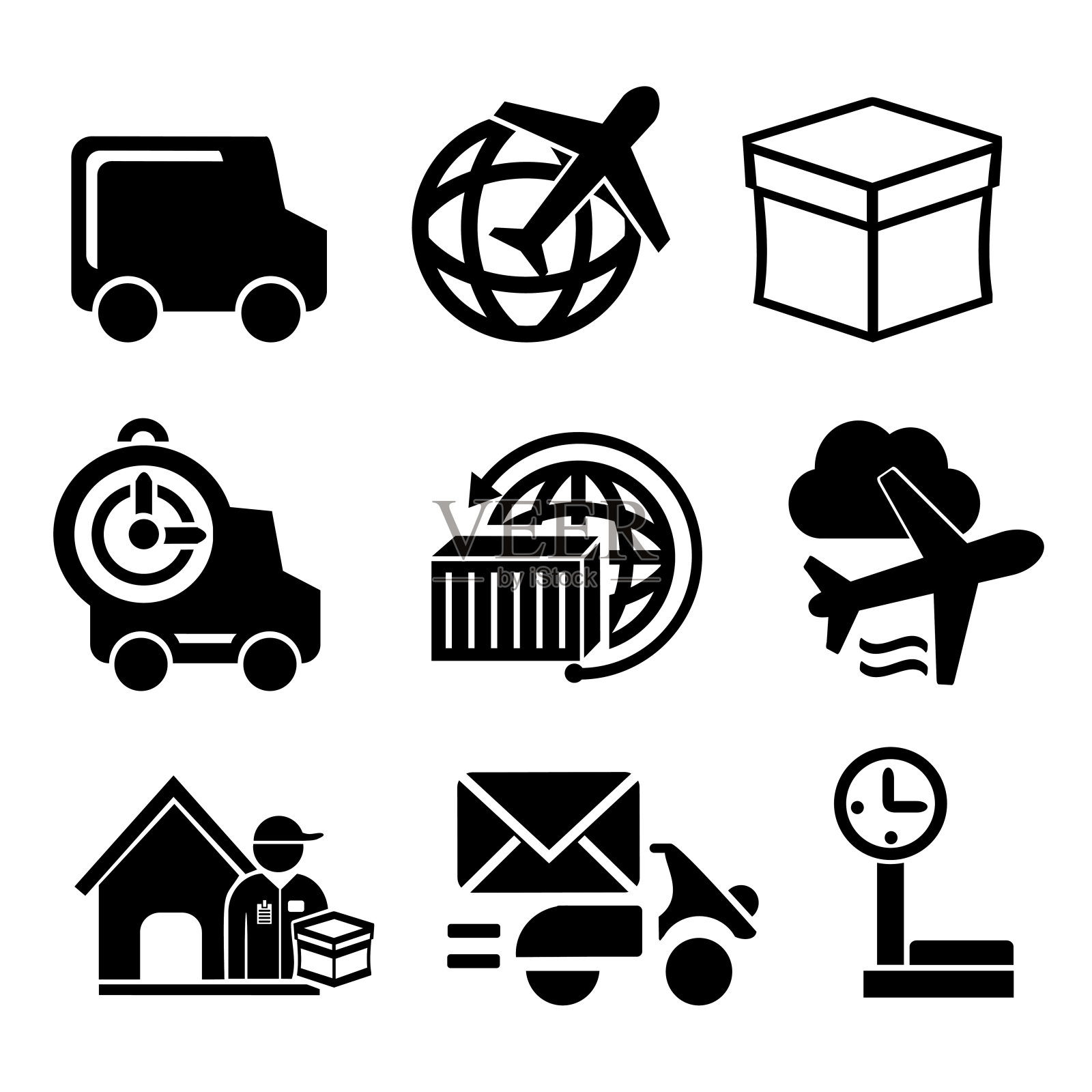 一组用于物流和运输交付的矢量图标。图标素材
