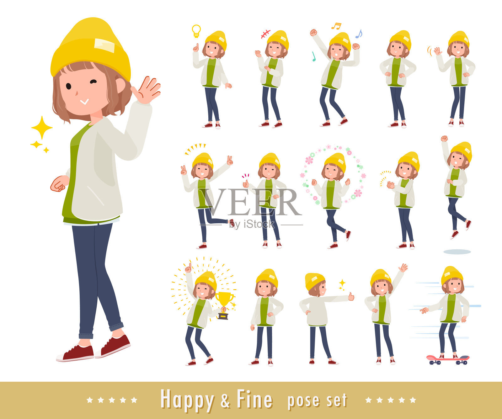 一组摆着欢快姿势的休闲时尚女性插画图片素材