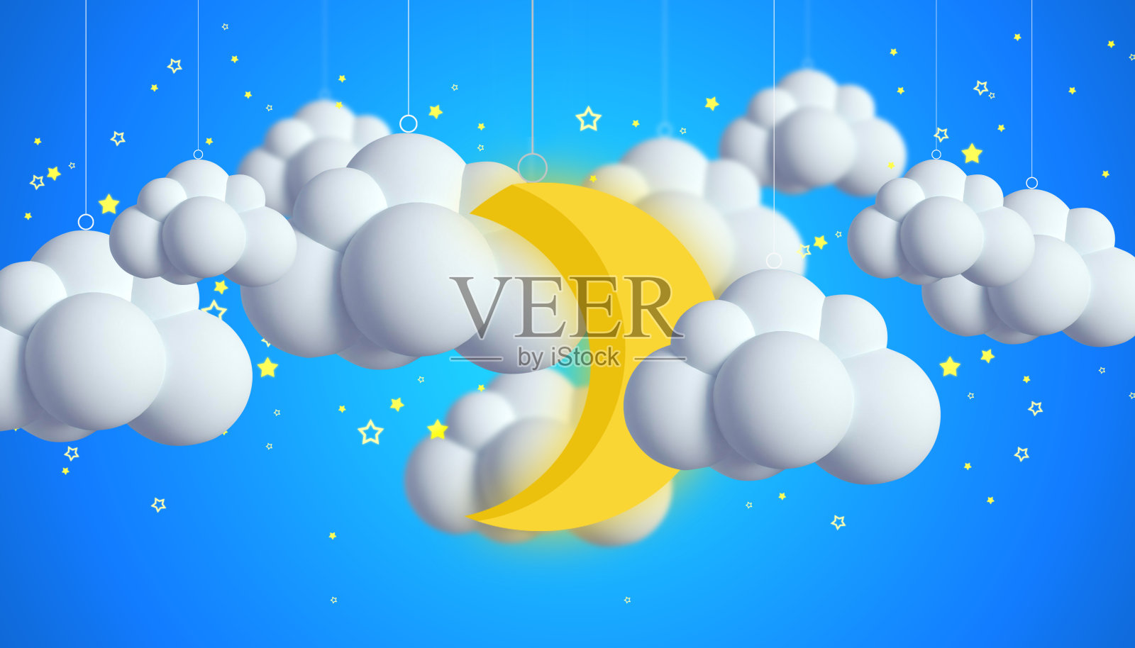 美丽可爱的月亮卡通和天空上的云彩，夜晚幻想艺术数字背景。照片摄影图片