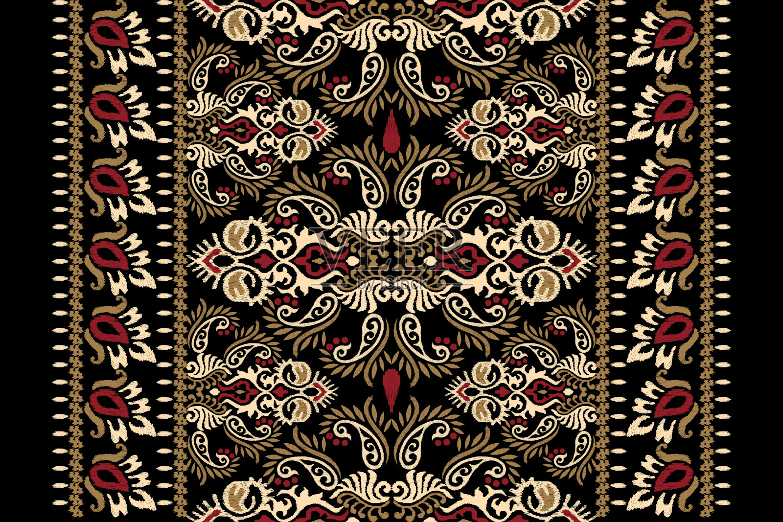 伊卡特花佩斯利刺绣黑色背景插画图片素材