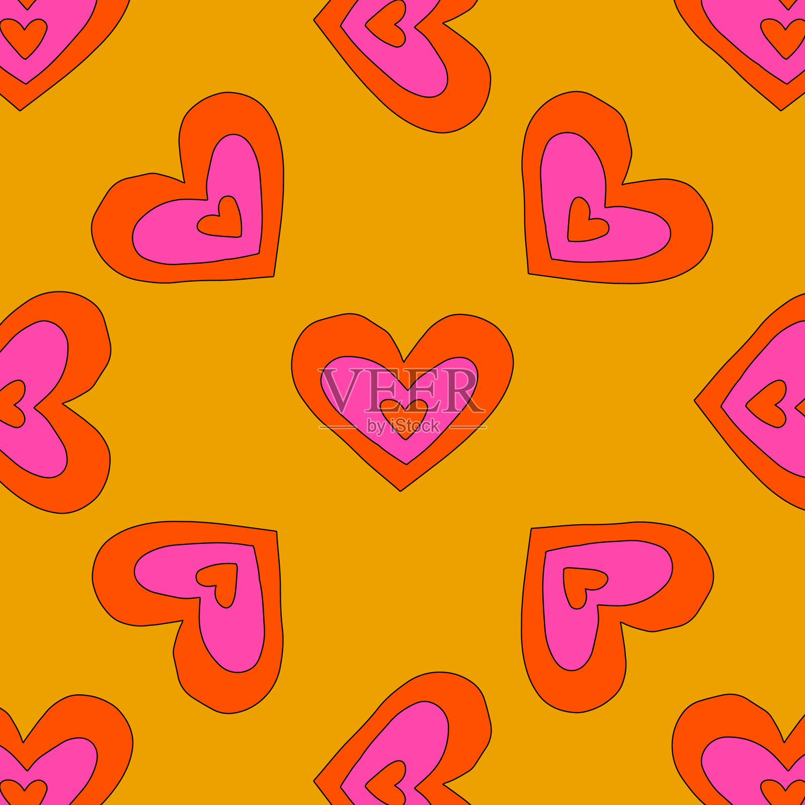 复古的迷幻图案——2月14日的爱心和情人节贺卡。时髦时髦的心形饰品。嬉皮士的彩虹背景只会产生良好的共鸣。1970-1980年的情人节插画图片素材