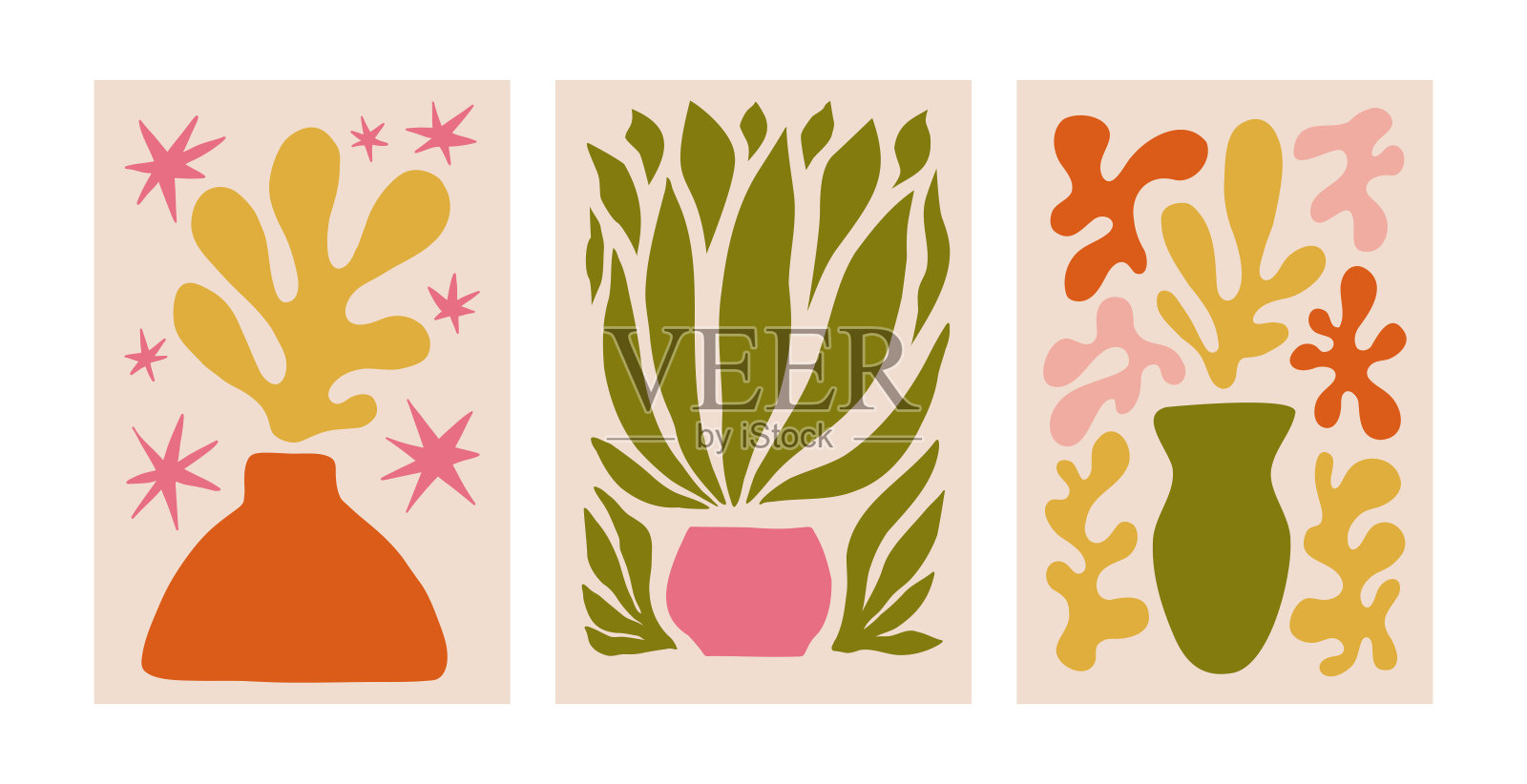 抽象花朵海报马蒂斯的灵感。时尚的植物墙艺术与花卉切割设计。现代时髦的室内装饰。矢量艺术插图。丹麦柔和的颜色。插画图片素材