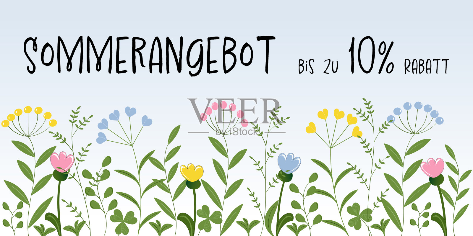 Sommerangebot bis zu 10% Rabatt -德文文本-夏季提供高达10%的折扣。色彩柔和的鲜花销售横幅。插画图片素材