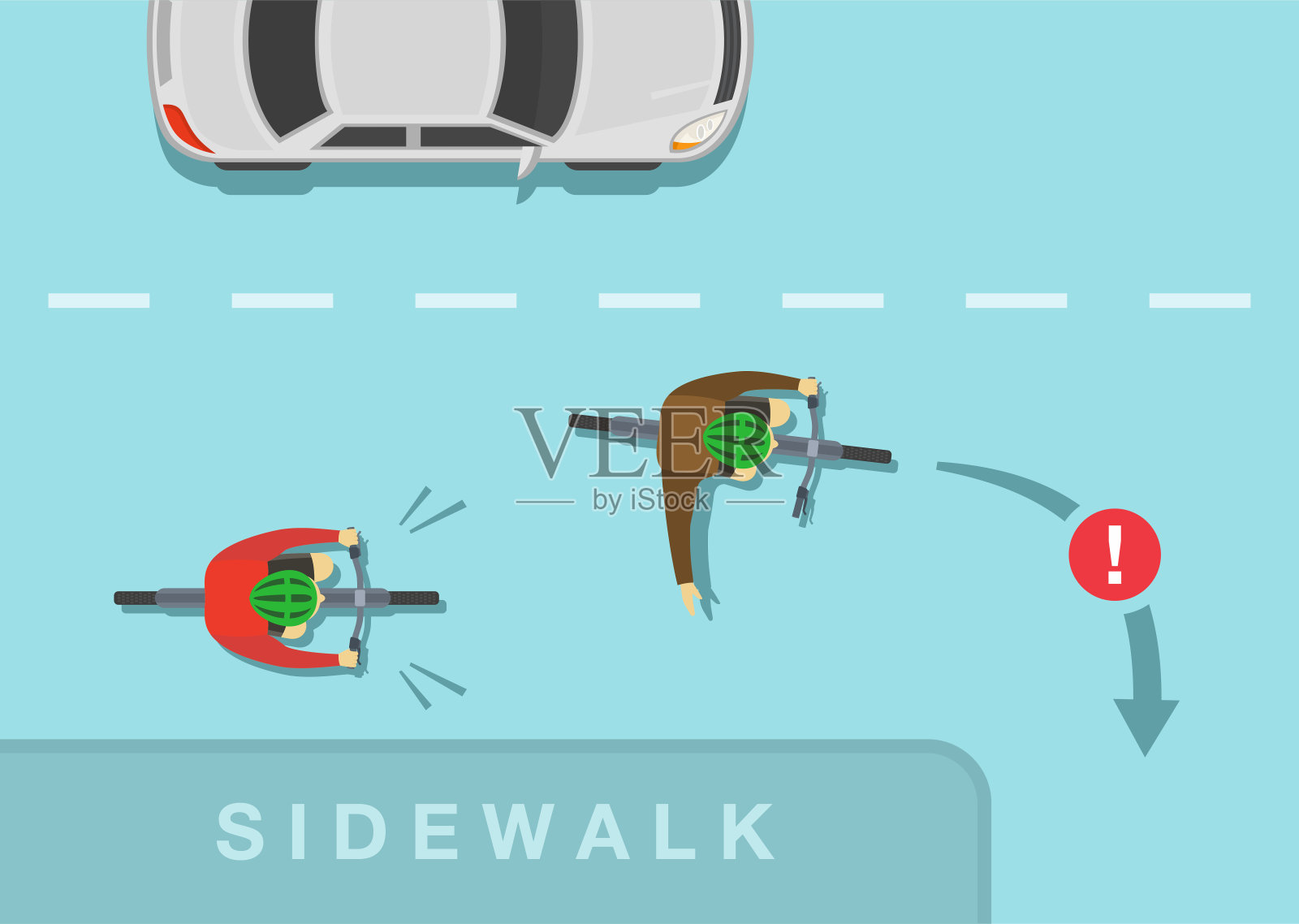 安全骑自行车的技巧和交通规则。在城市道路上，一个骑自行车的人挡住了另一个骑自行车的人。插画图片素材