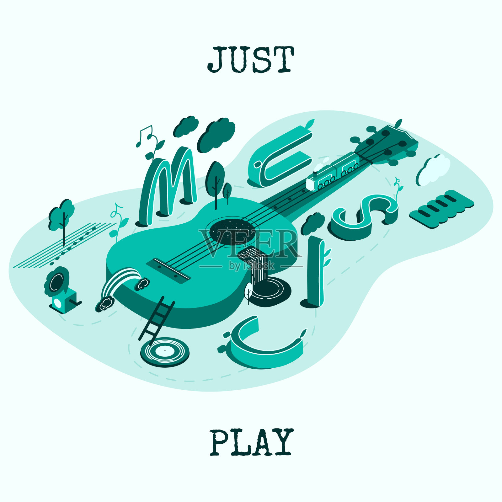 音乐。原声吉他平面三维网等距矢量插画图片素材