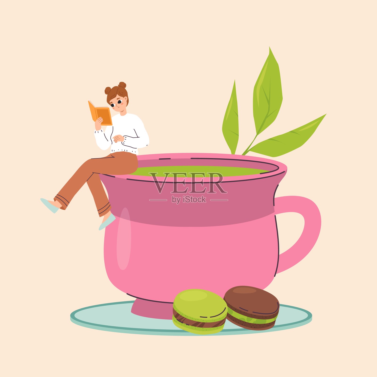 小女孩坐在大茶杯上看书。抹茶或绿色饮料和甜点，马卡龙。学生学习和吃饭，矢量概念插画图片素材