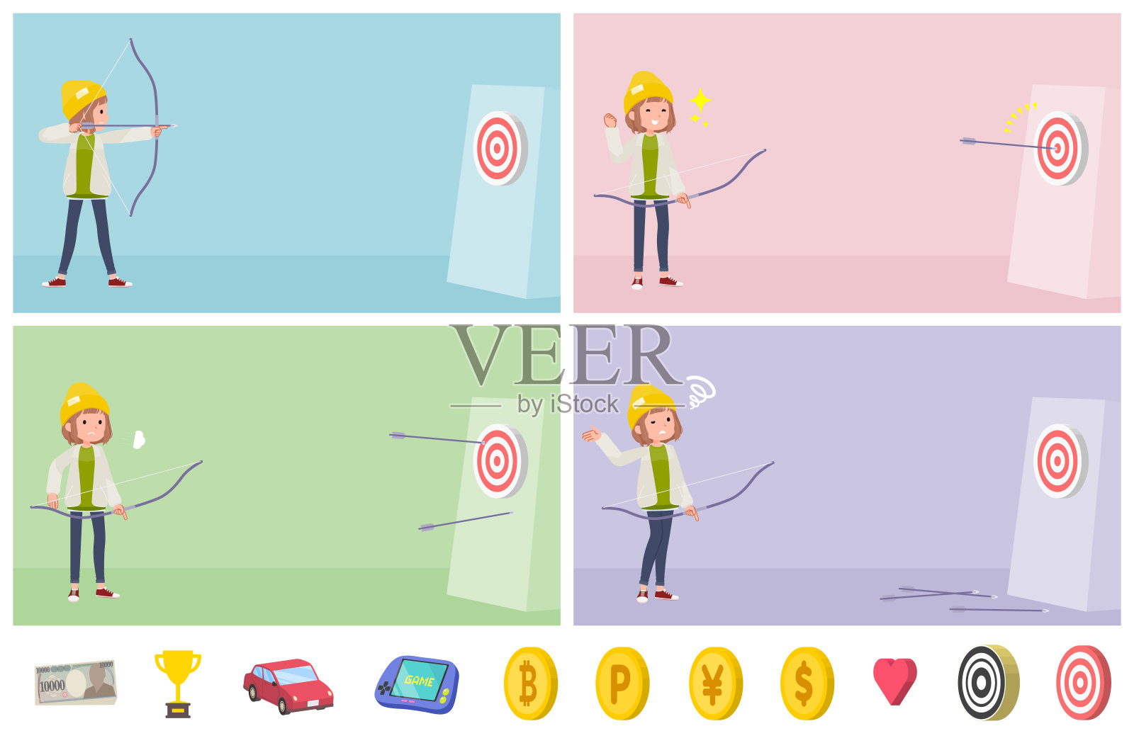 一群用弓箭瞄准的休闲时尚女性插画图片素材